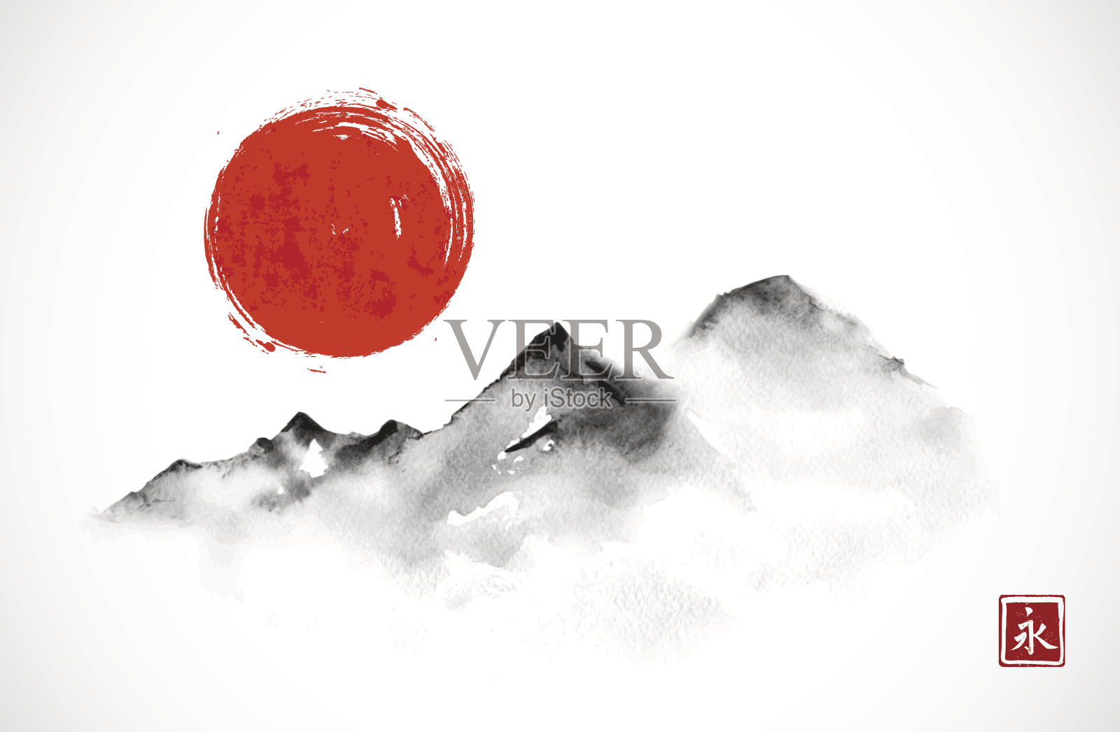 高山和红色的太阳在白色的背景上用墨水手绘。传统的东方水墨画粟娥、月仙、围棋。象形文字-永恒，精神，和平，清晰。插画图片素材