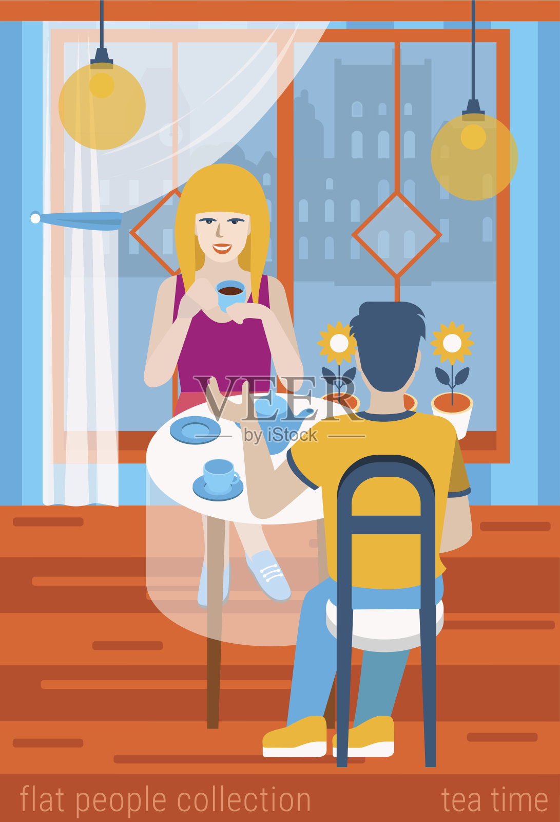 扁平化人的生活方式现状茶时间咖啡馆餐厅的概念。年轻美丽的夫妇在餐桌上喝着热饮，聊着浪漫的晚餐。矢量插图收集的年轻的创造性人类。插画图片素材