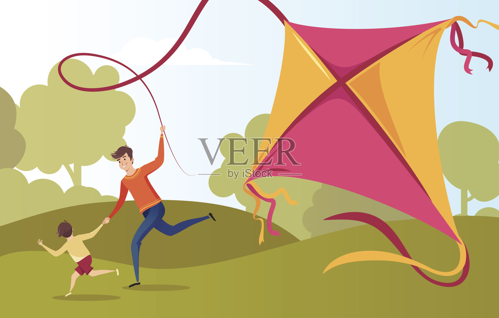 快乐的家庭，爸爸和儿子玩风筝，在夏天玩得开心。插画图片素材