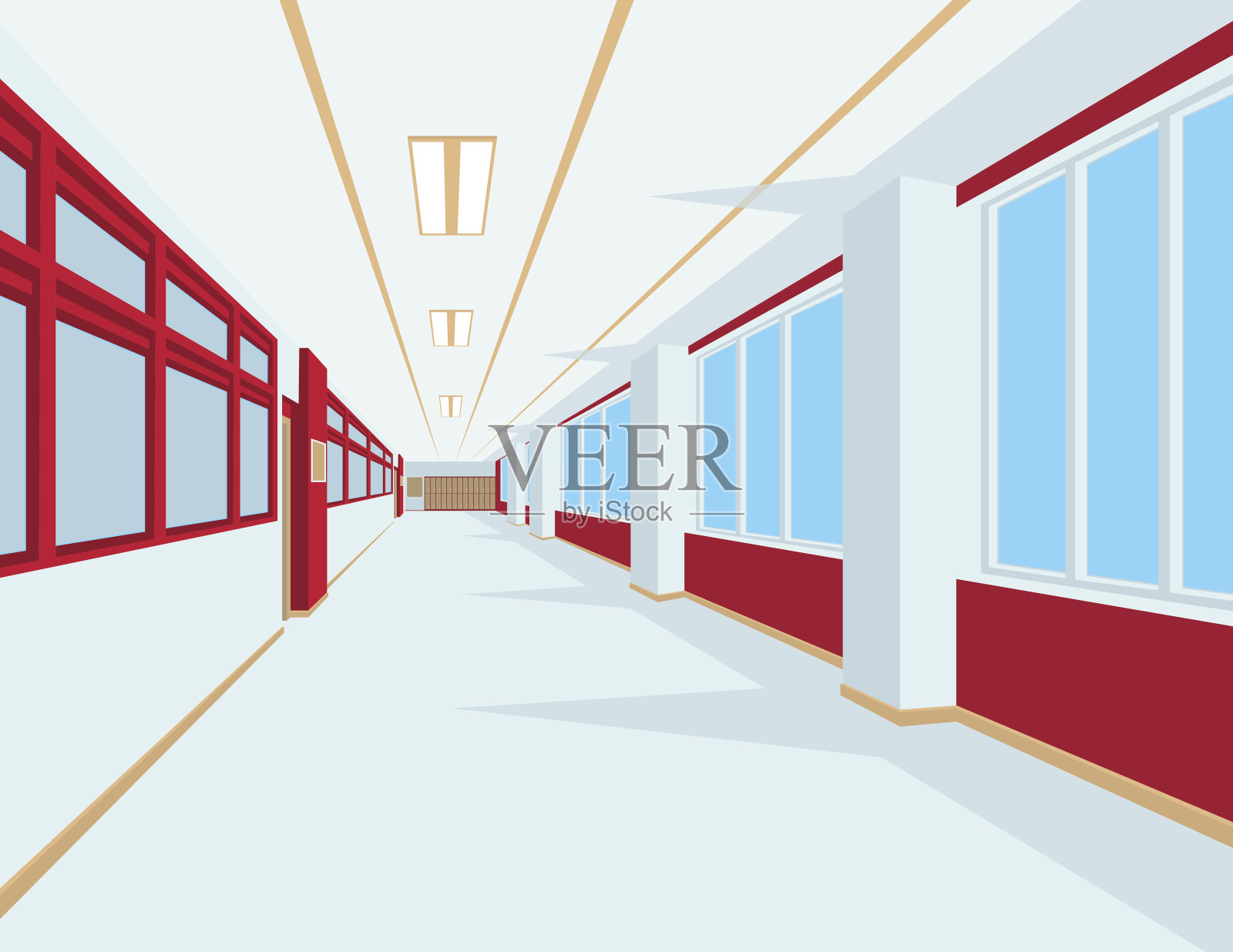 学校大厅内部为扁平风格。矢量插图的大学或学院走廊与窗户。插画图片素材