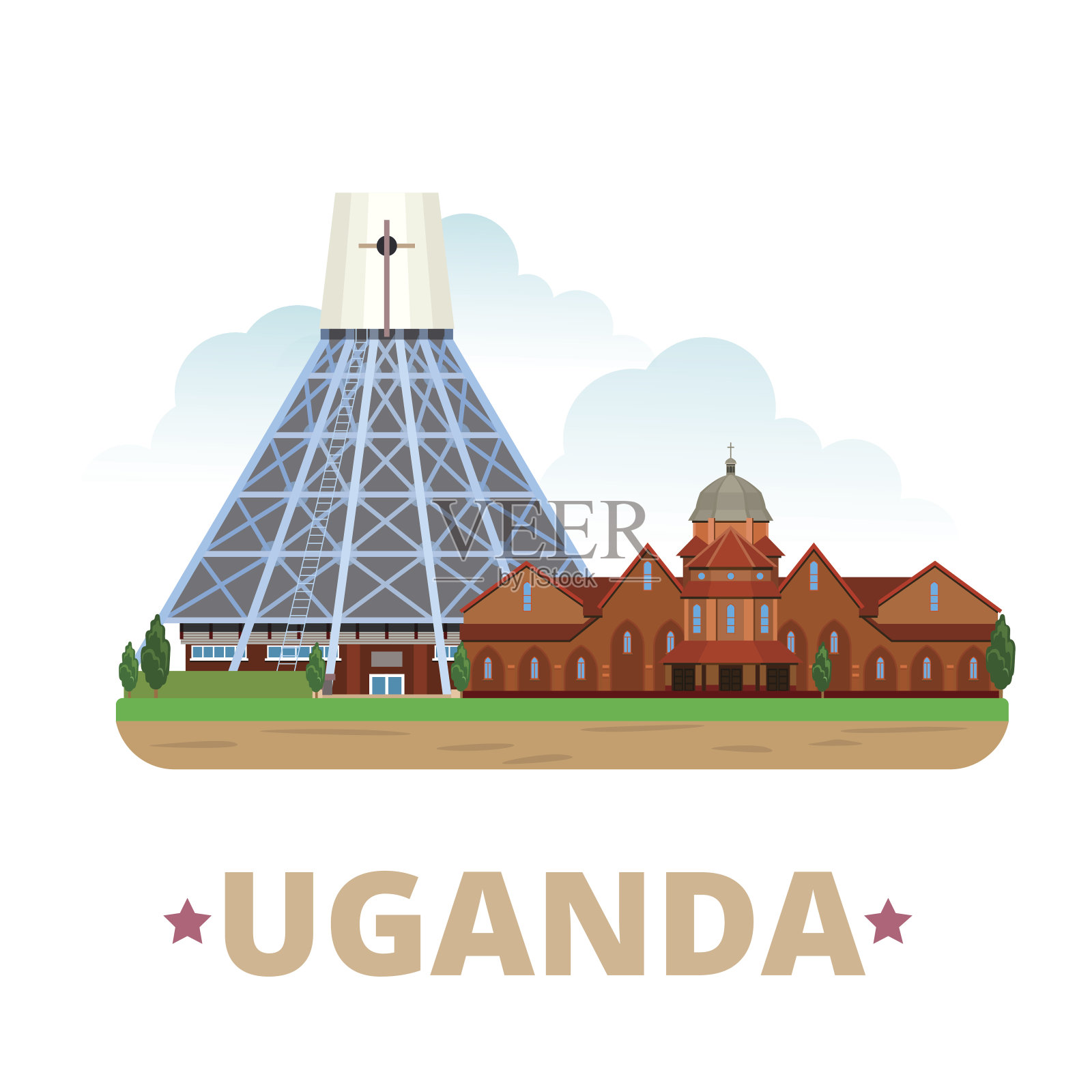乌干达国家设计模板。平面卡通风格的历史景观展示网站矢量插图。世界旅行非洲非洲收藏。乌干达烈士大教堂纳米伦比大教堂。插画图片素材