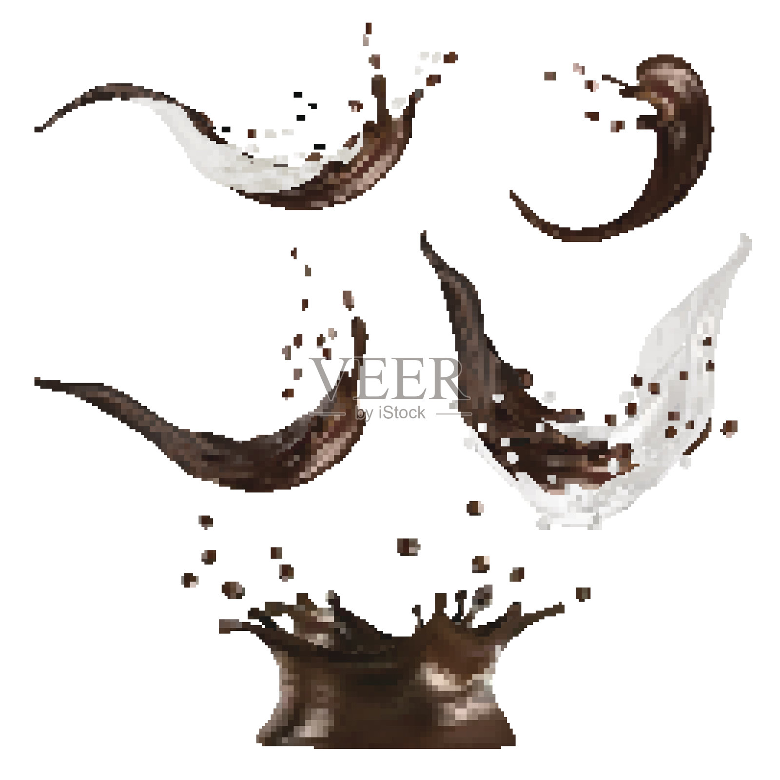 牛奶和巧克力飞溅矢量隔离在白色背景。倒出的液体或奶昔带有斑点。3 d演示。插画图片素材
