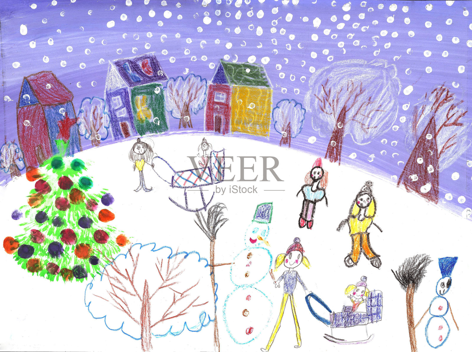 水彩画儿童画冬天的雪橇插画图片素材