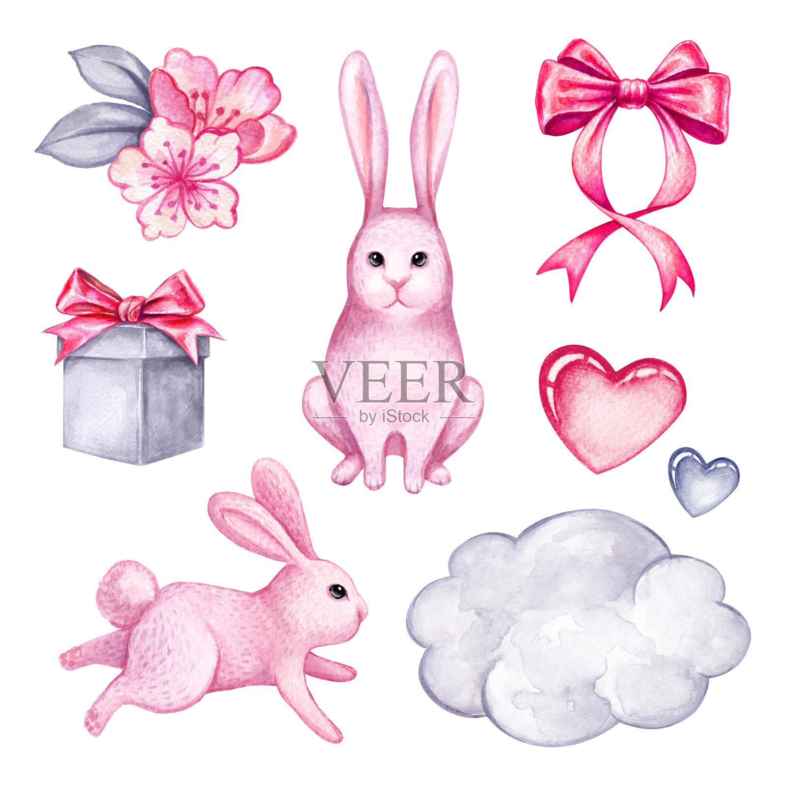水彩插图，粉红可爱的兔子，复活节兔子，节日礼物，剪贴艺术孤立的白色背景设计元素图片