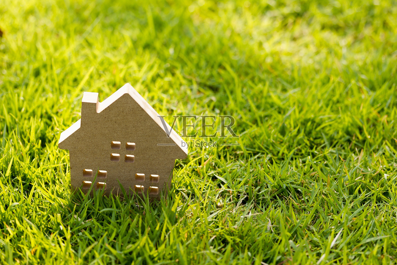 绿色草地上的小房子模型与阳光搏斗。照片摄影图片