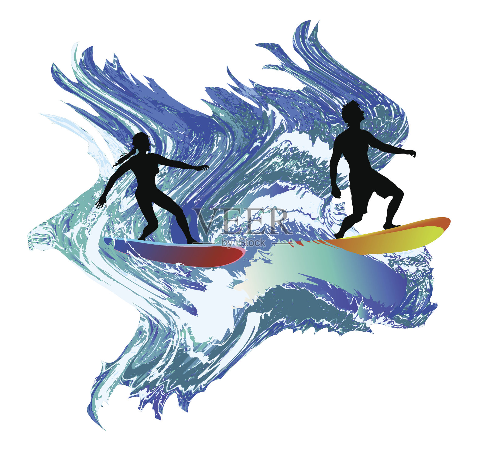 汹涌的海浪中冲浪者的剪影插画图片素材