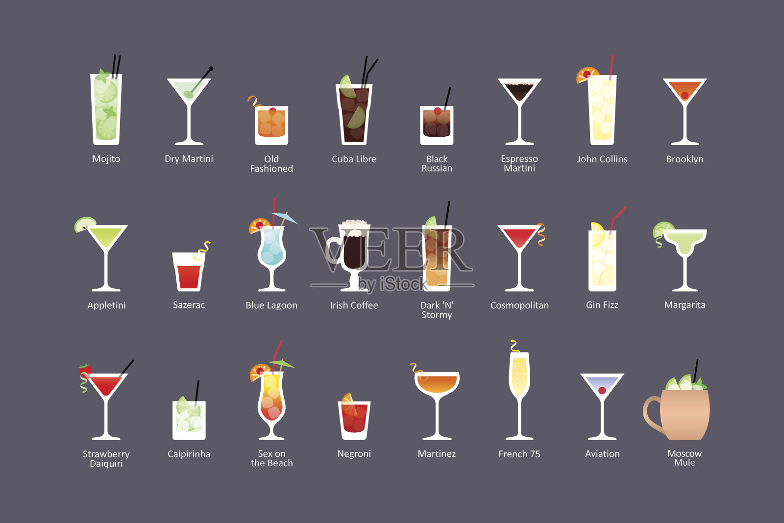 最受欢迎的酒精鸡尾酒第一部分，图标设置在平坦的风格在黑暗的背景插画图片素材