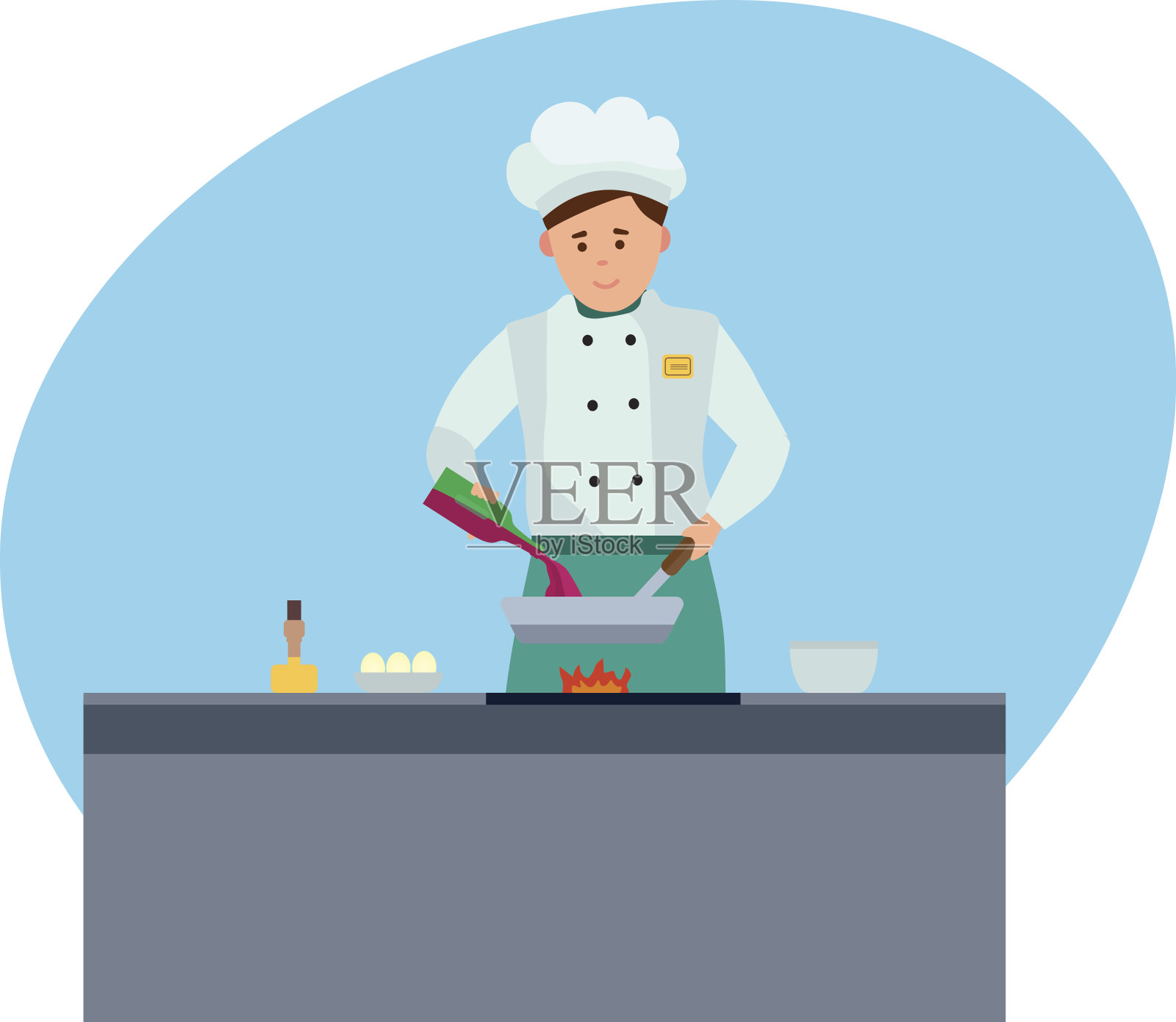厨师穿着名牌衣服，在现代化的酒店里，用火准备美味的饭菜插画图片素材