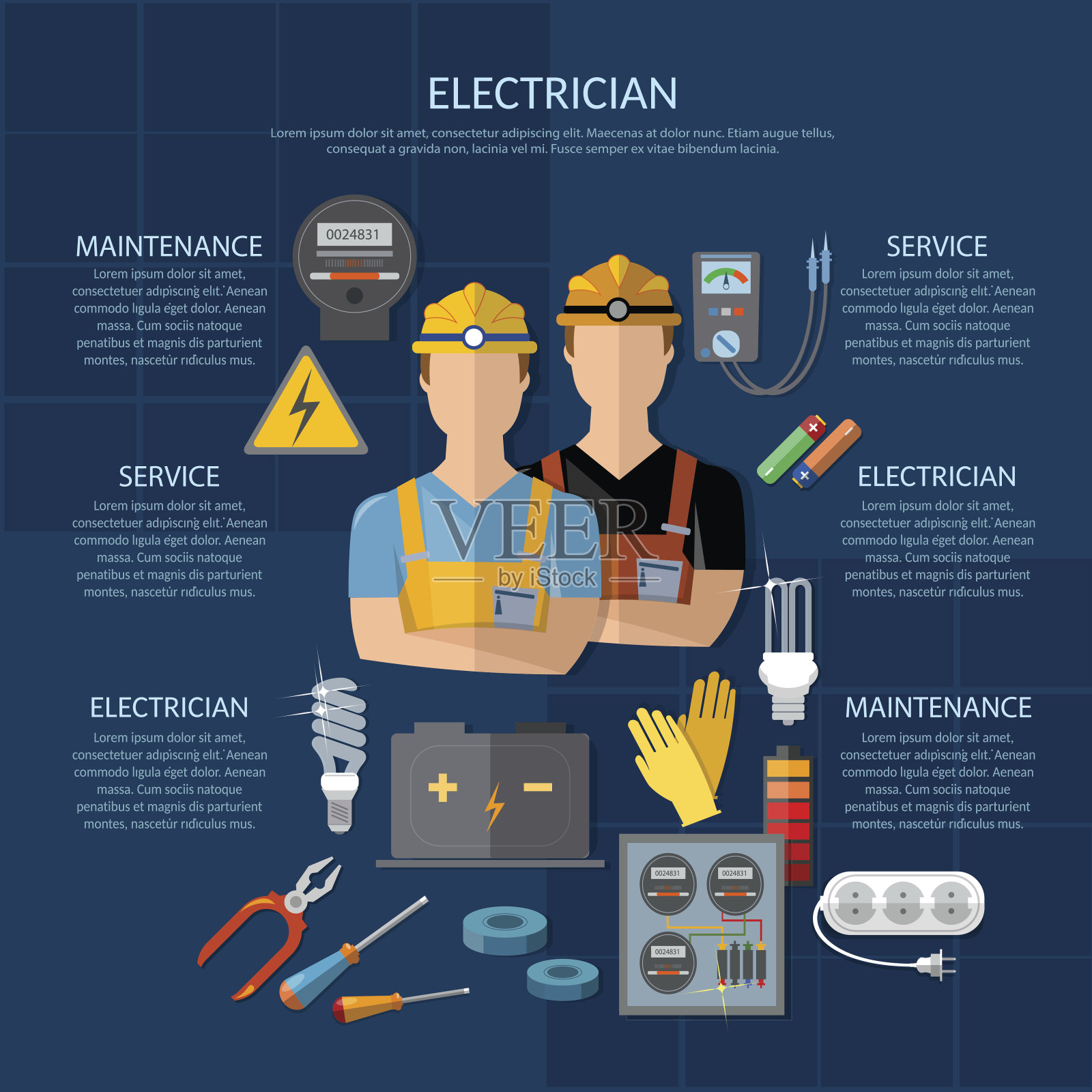 专业电工信息图。电动工具的安装和维修。电气设备演示模板插画图片素材