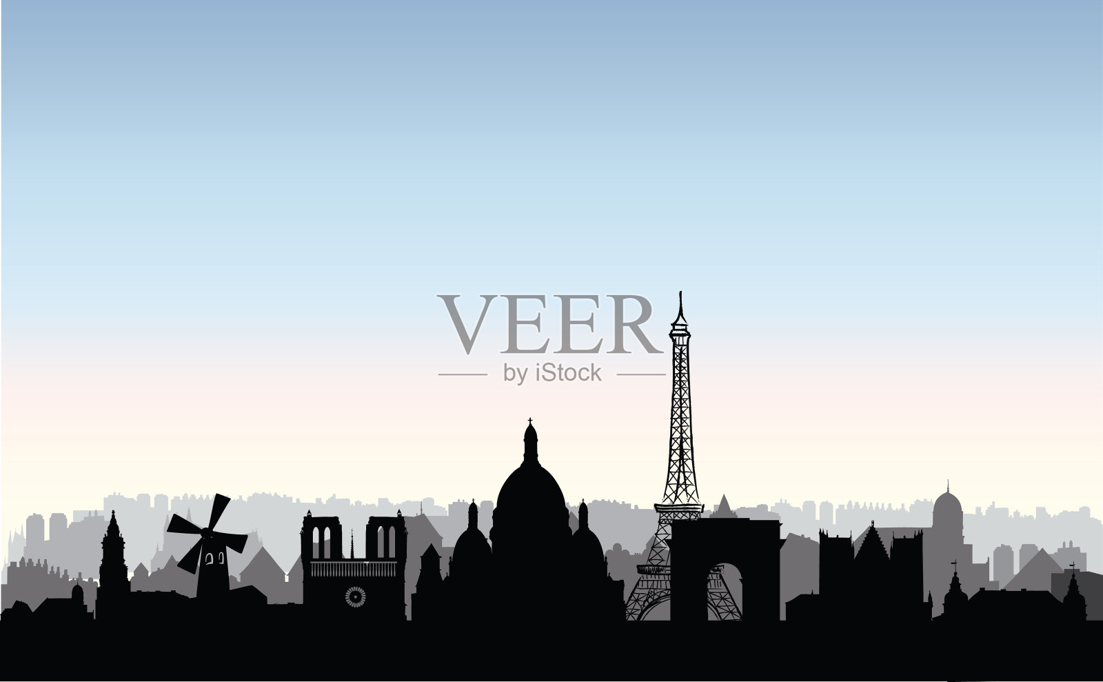 巴黎城市建筑剪影。法国的城市景观。巴黎城市景观与地标。旅行法国天际线背景。欧洲度假壁纸。插画图片素材