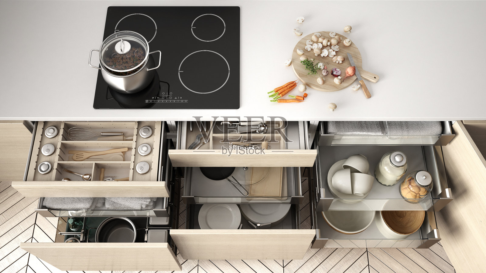 开放式的木质厨房抽屉，里面有配件，解决了厨房的存储和整理，烹饪，现代室内设计照片摄影图片