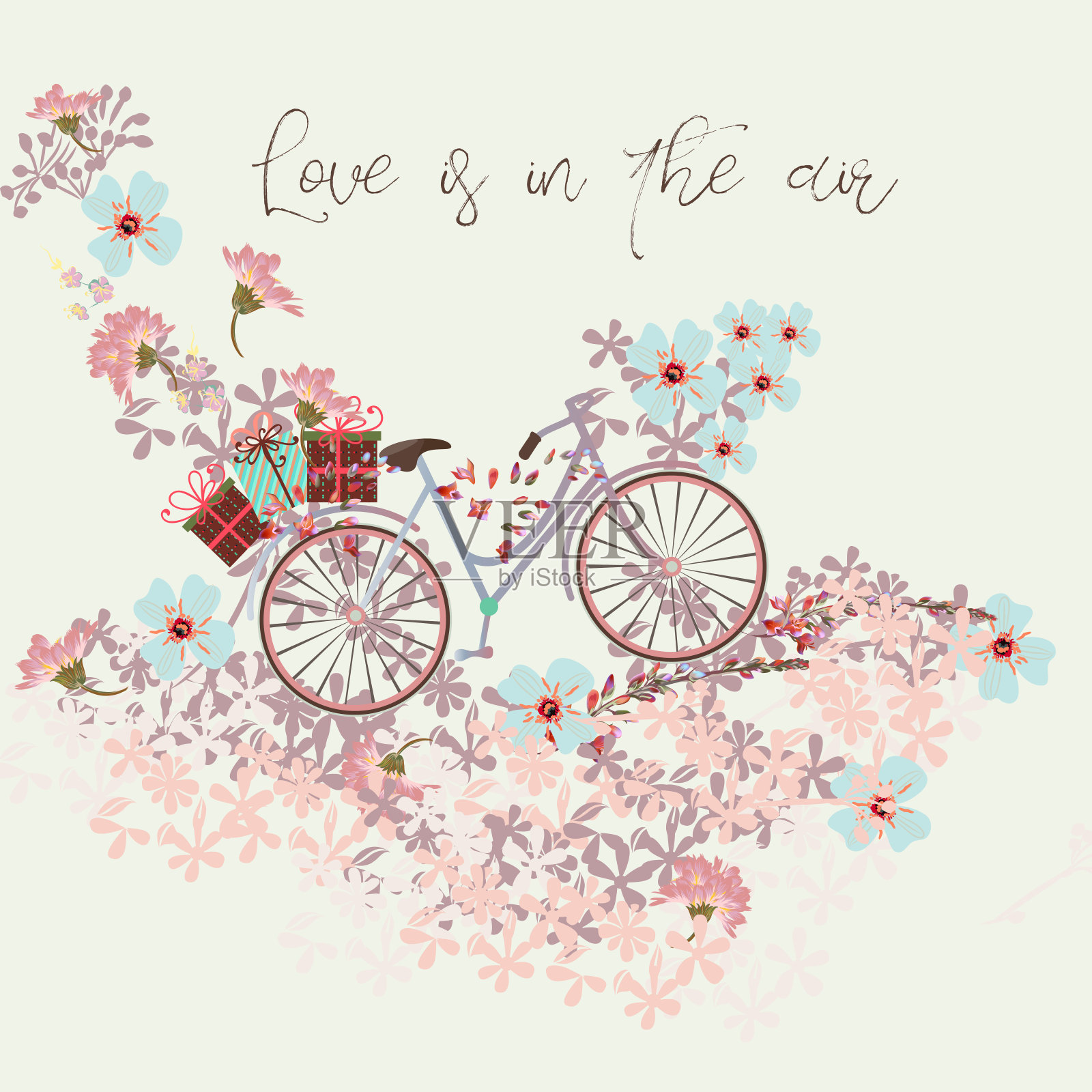 美丽的保存日期卡与自行车和鲜花插画图片素材