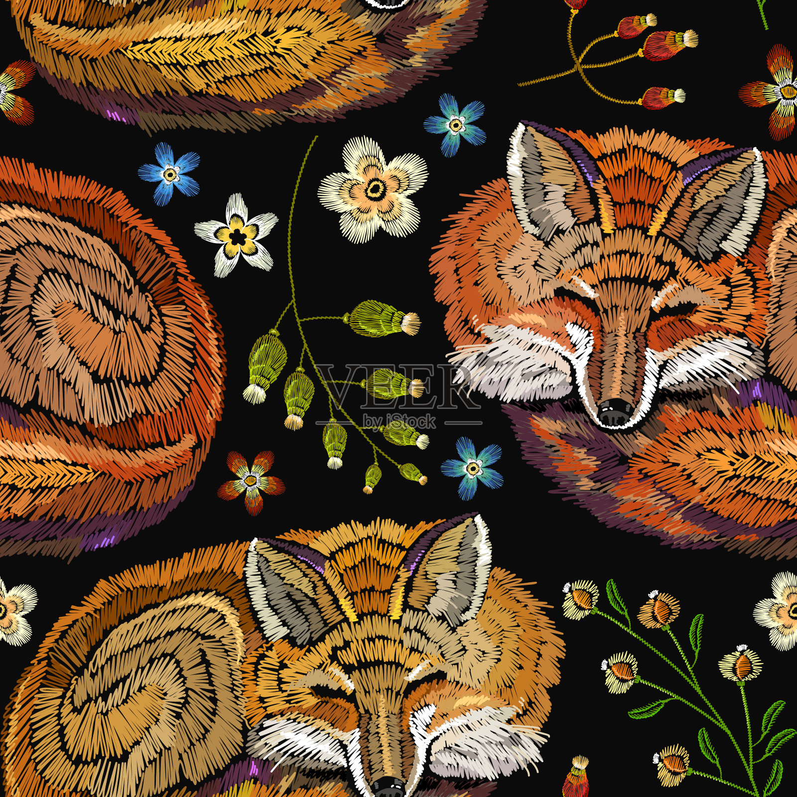 刺绣睡狐和花无缝图案。时尚的服装设计模板。经典无缝刺绣背景。红狐狸在花中睡觉插画图片素材