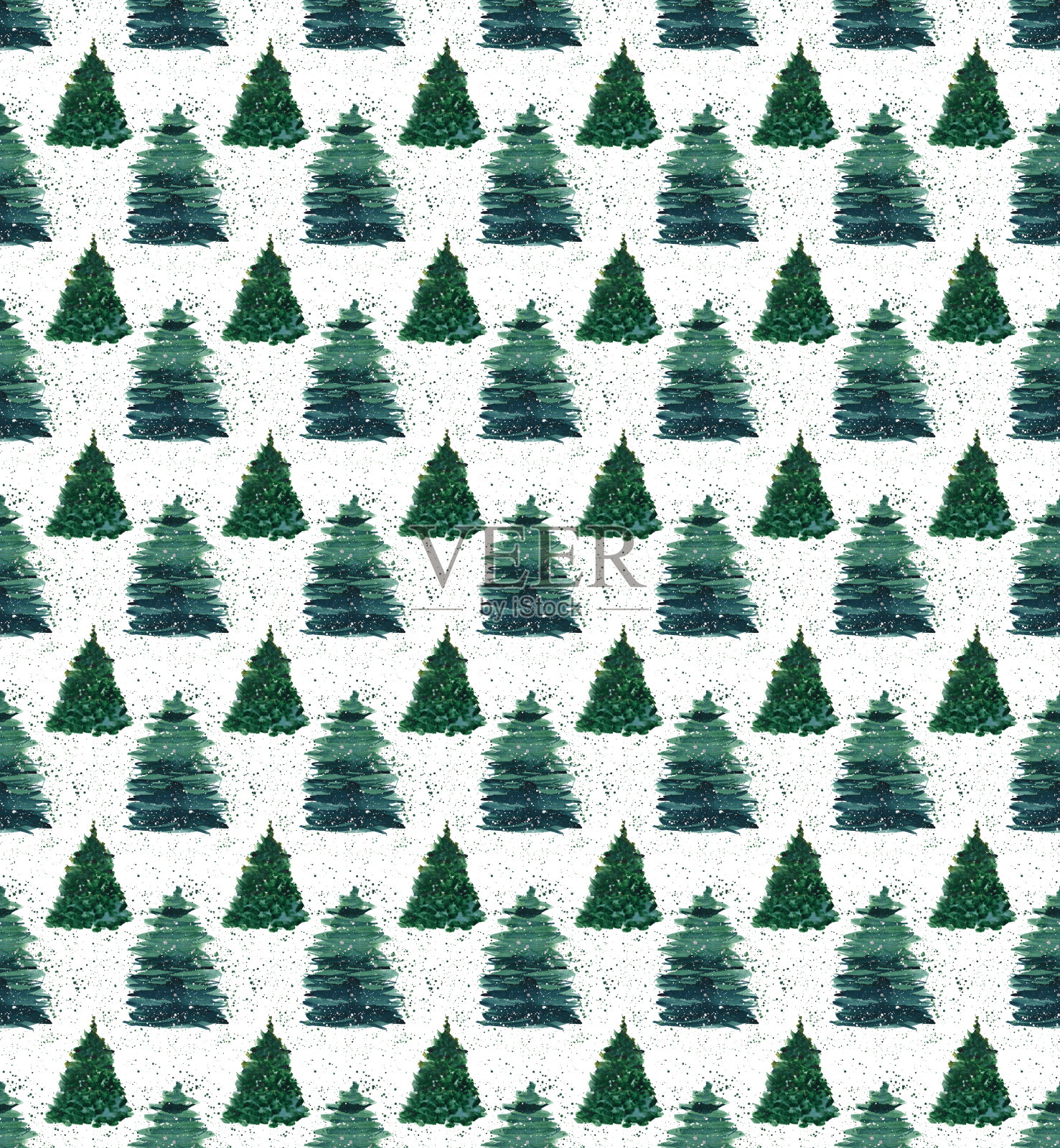 圣诞节美丽的抽象图形艺术美妙的明亮的节日冬季绿色云杉树与绿色喷雾图案水彩手绘插画。非常适合纺织、壁纸、背景和贺卡插画图片素材