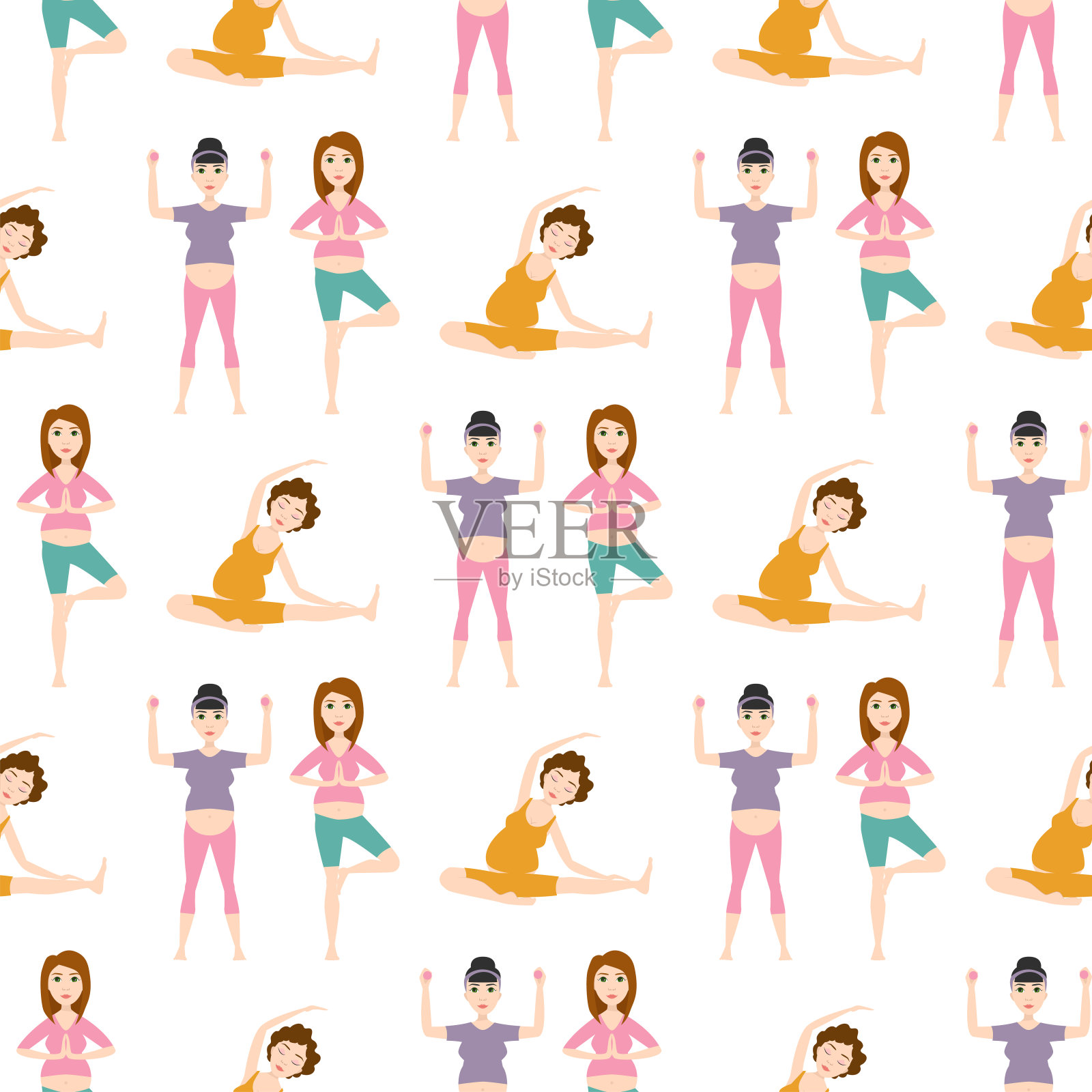 怀孕运动健身人健康的性格生活方式无缝模式背景女性瑜伽矢量插图插画图片素材