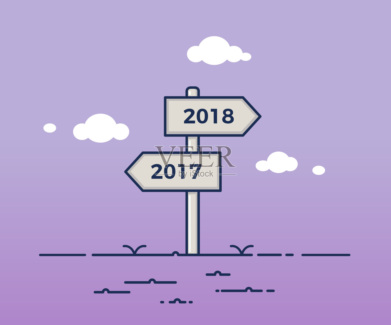 指向2017年和2018年两个相反方向的路标。新年矢量插图概念插画图片素材