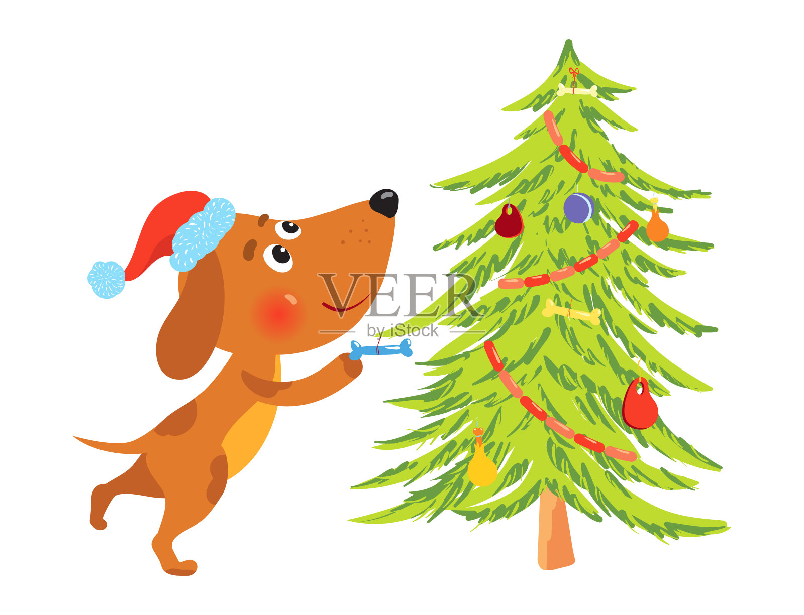 可爱的卡通狗装饰圣诞树插画图片素材