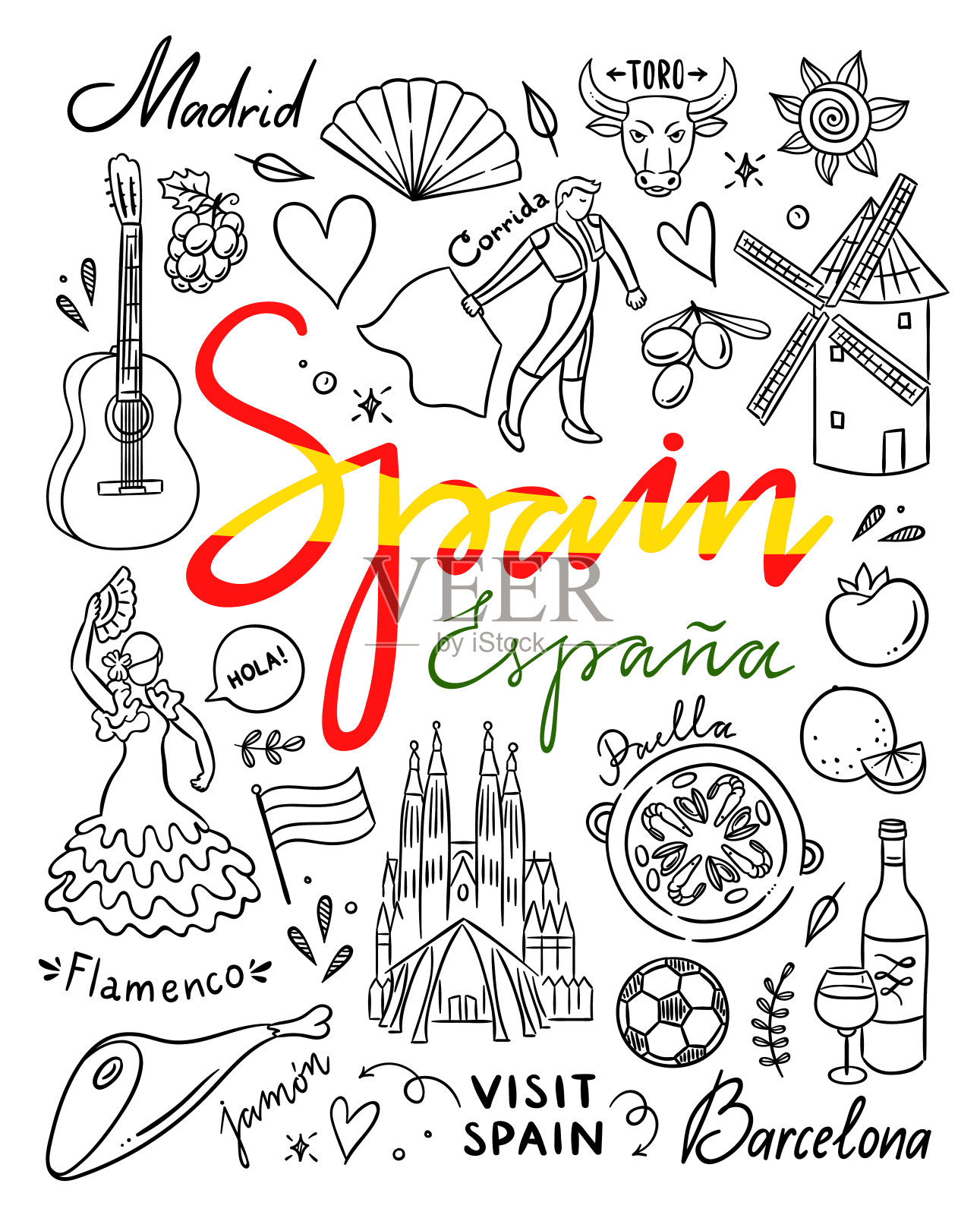 西班牙手绘插图。去西班牙旅行矢量涂鸦插画图片素材