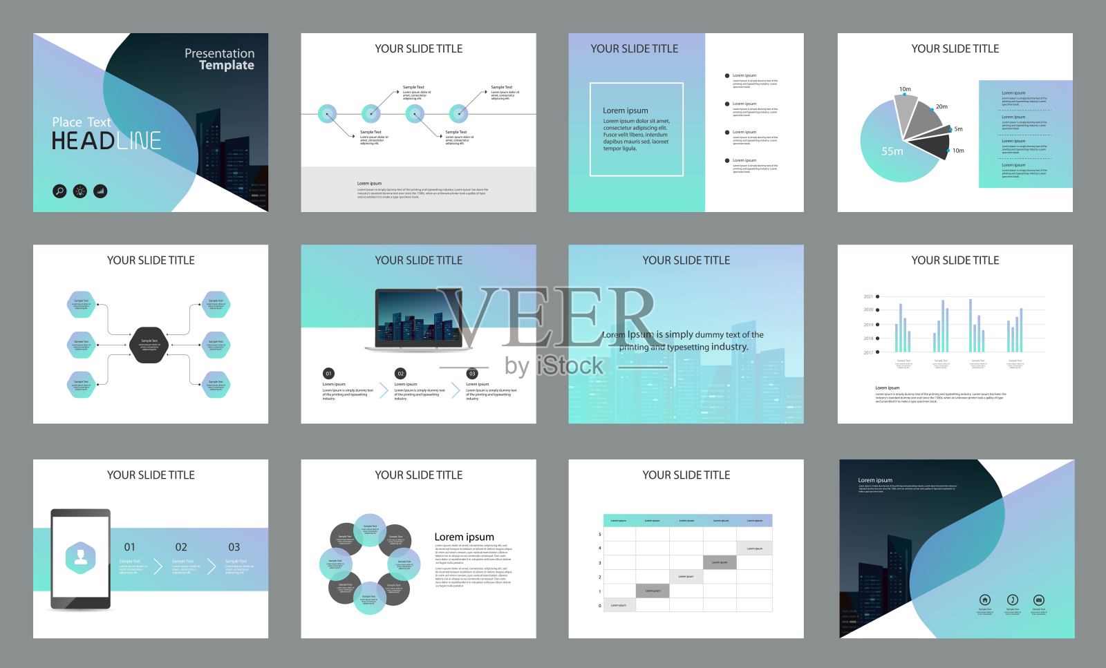 页面布局设计和信息图元素的演示模板，小册子，年度报告和公司简介设计模板素材
