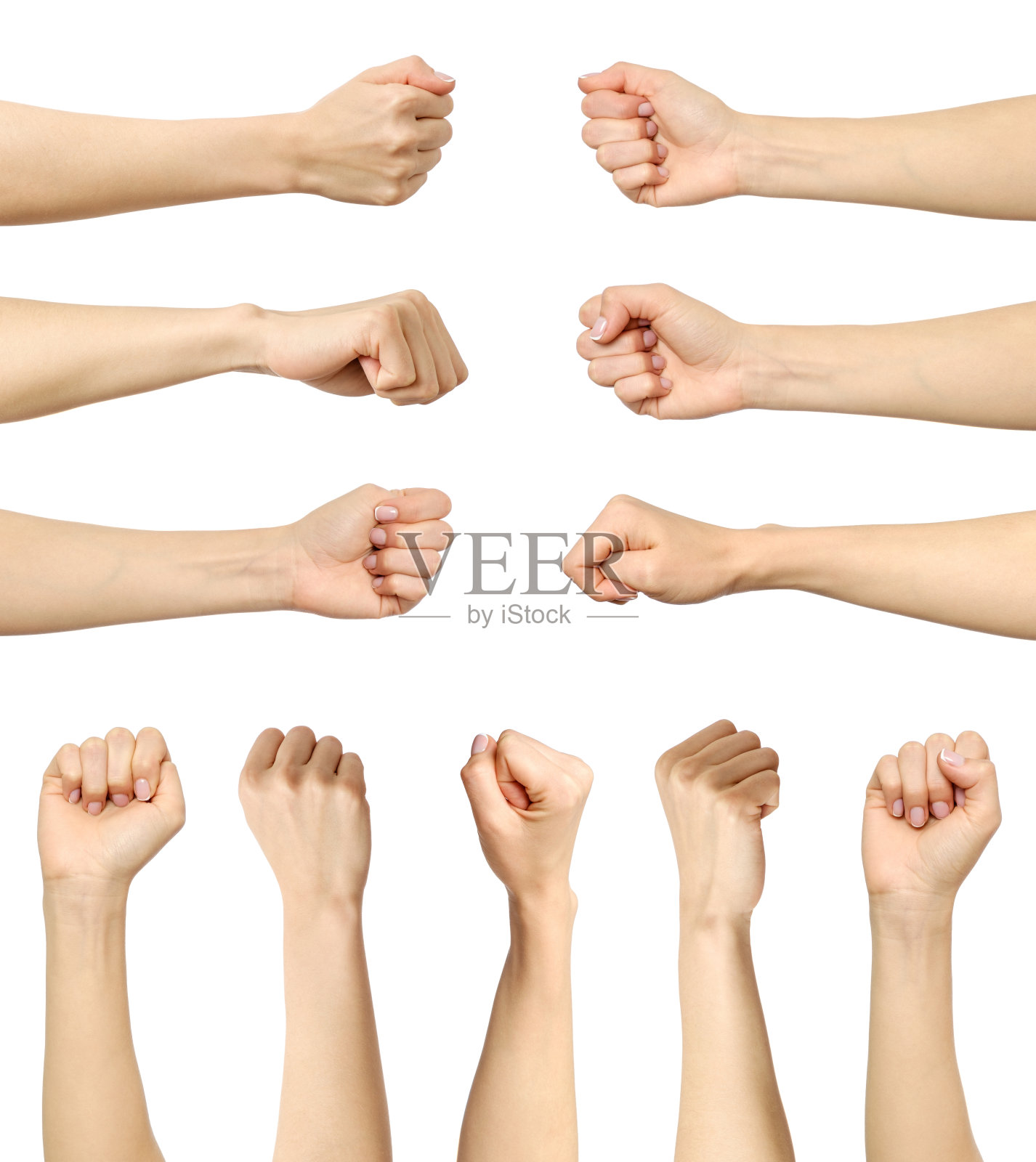 多名白人女性紧握拳头孤立在白色背景下照片摄影图片