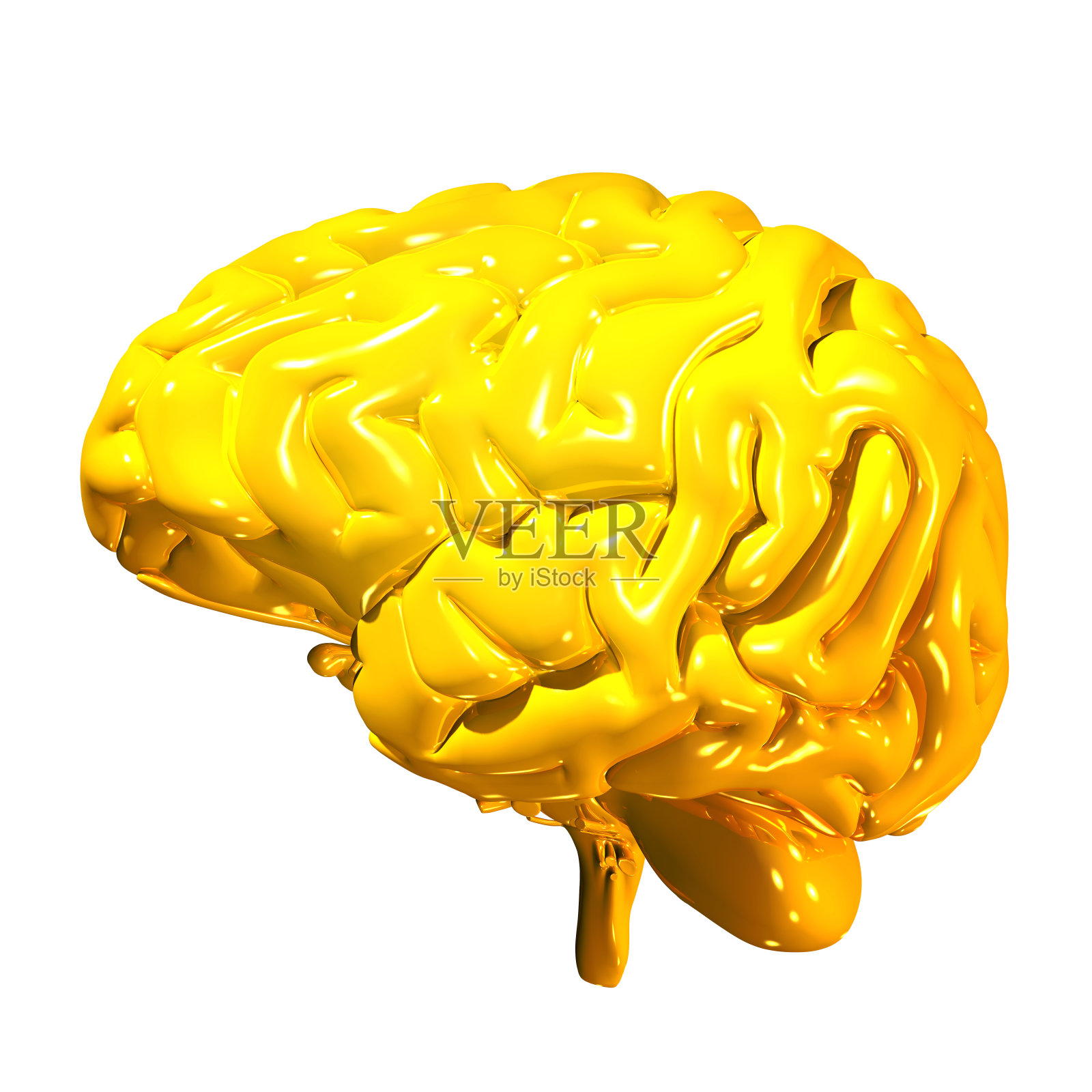 一个金色的人类大脑的3d渲染孤立在白色的背景照片摄影图片