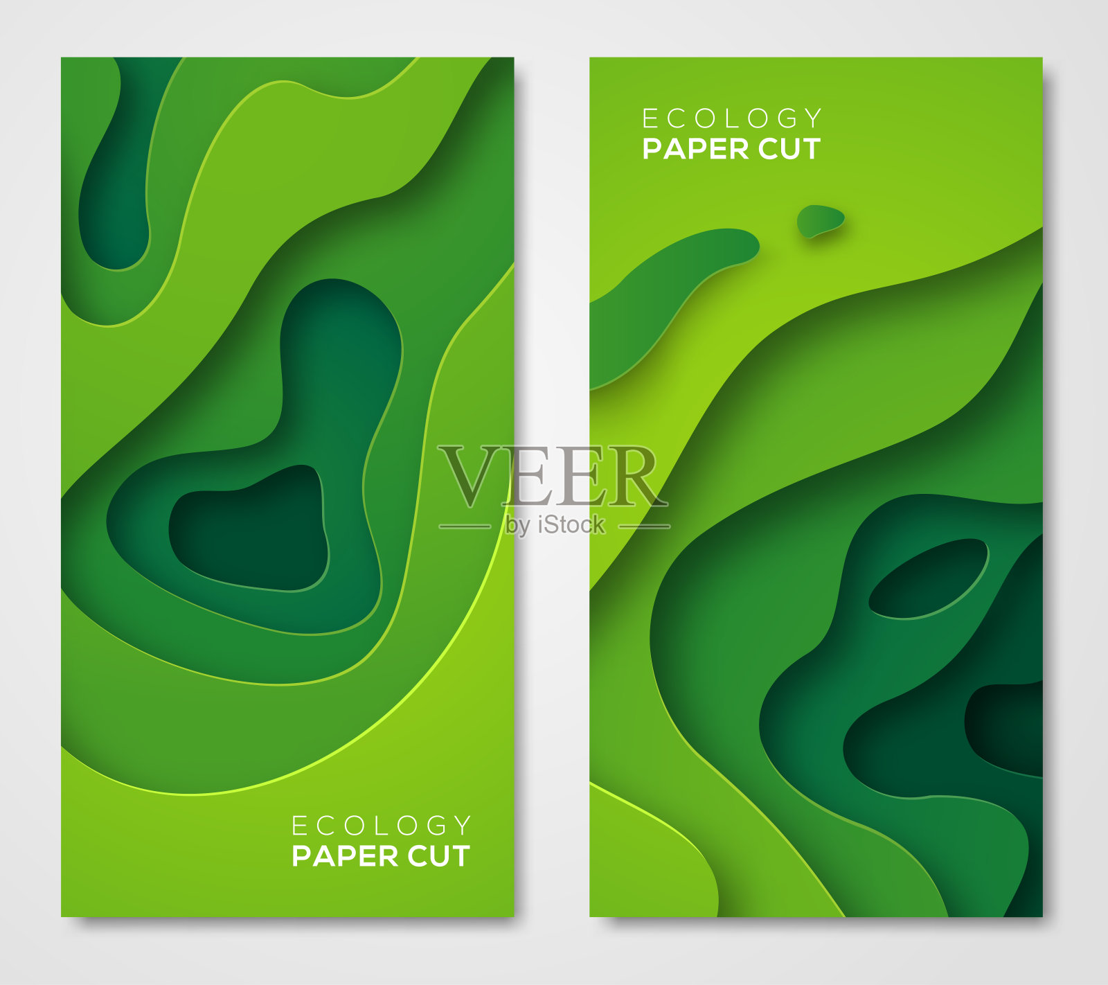 竖条幅set，绿色剪纸形状插画图片素材