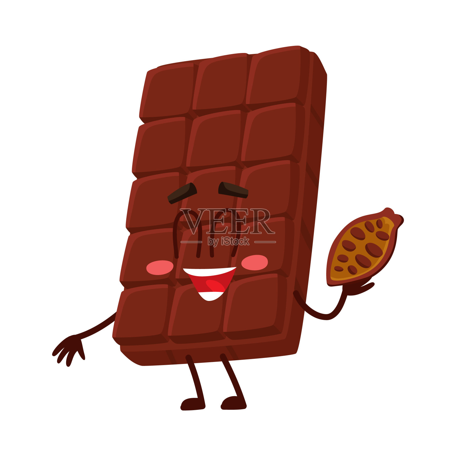 可爱的巧克力棒人物，滑稽的脸，拿着可可豆插画图片素材