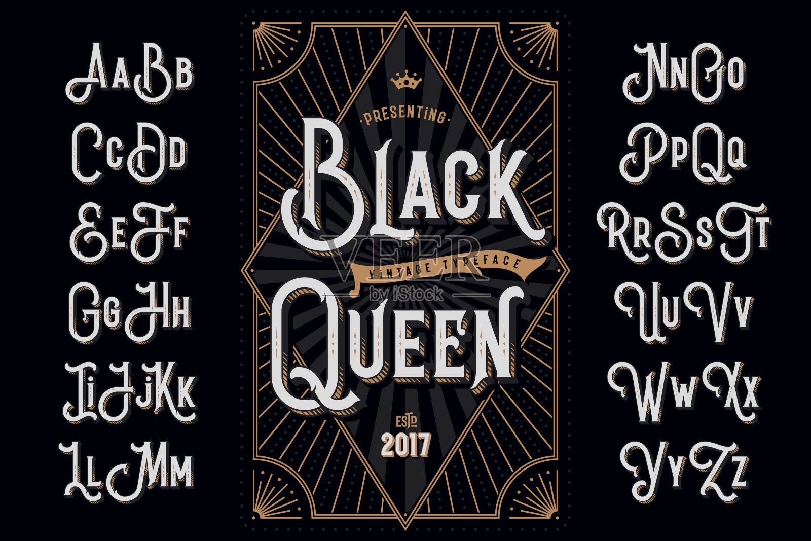 装饰字体命名为“黑皇后”与挤压线条效果和老式标签模板设计元素图片