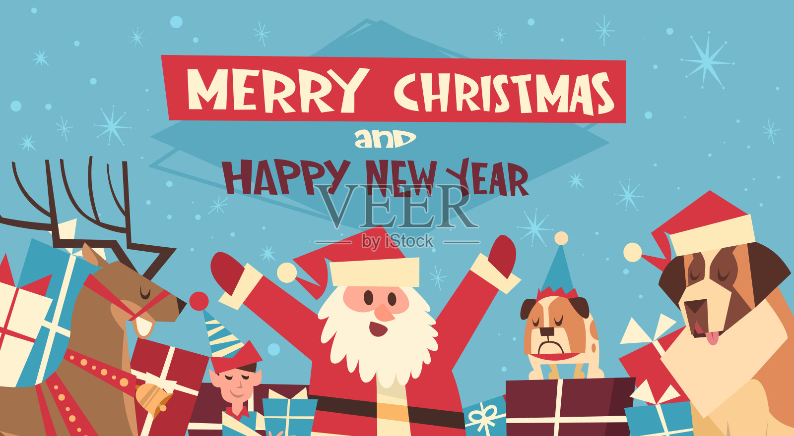圣诞快乐和新年快乐海报有圣诞老人和戴着红帽子的狗设计模板素材