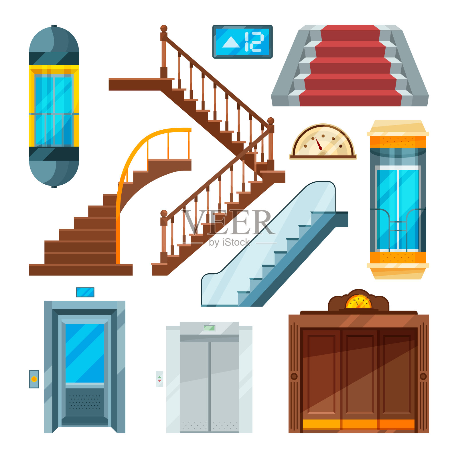 不同风格的电梯和楼梯。卡通式升降装置设计元素图片