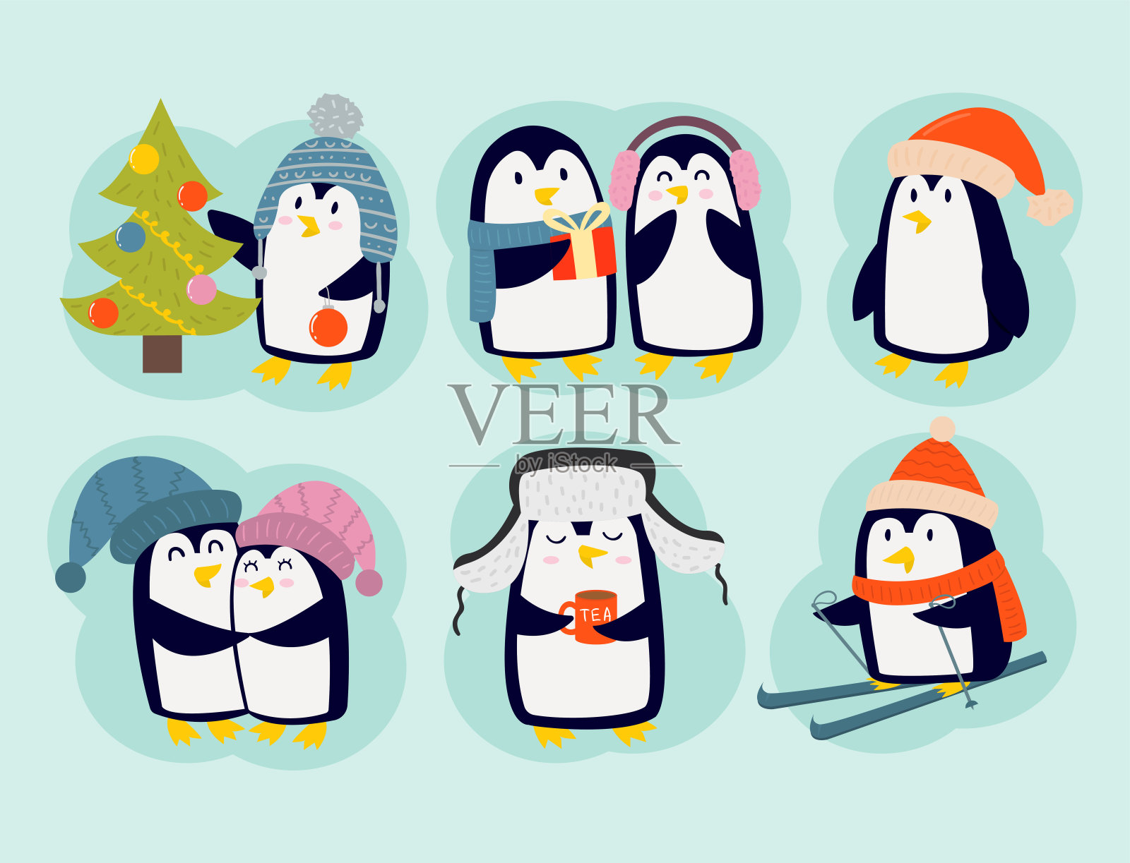 企鹅圣诞矢量插图人物卡通有趣可爱的动物南极洲极地喙极冬天的鸟插画图片素材