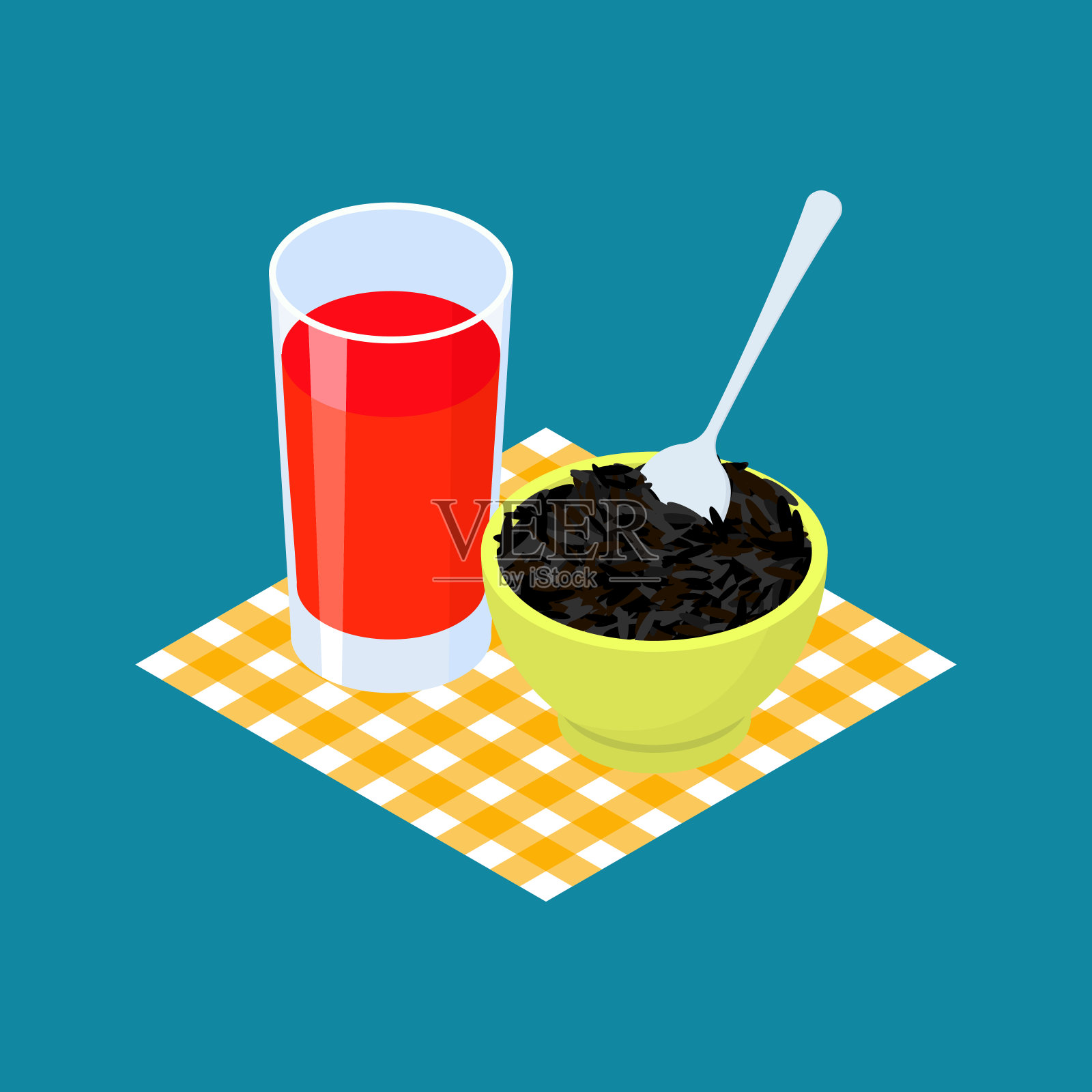 黑米粥和果汁。早餐健康食品。矢量图设计元素图片