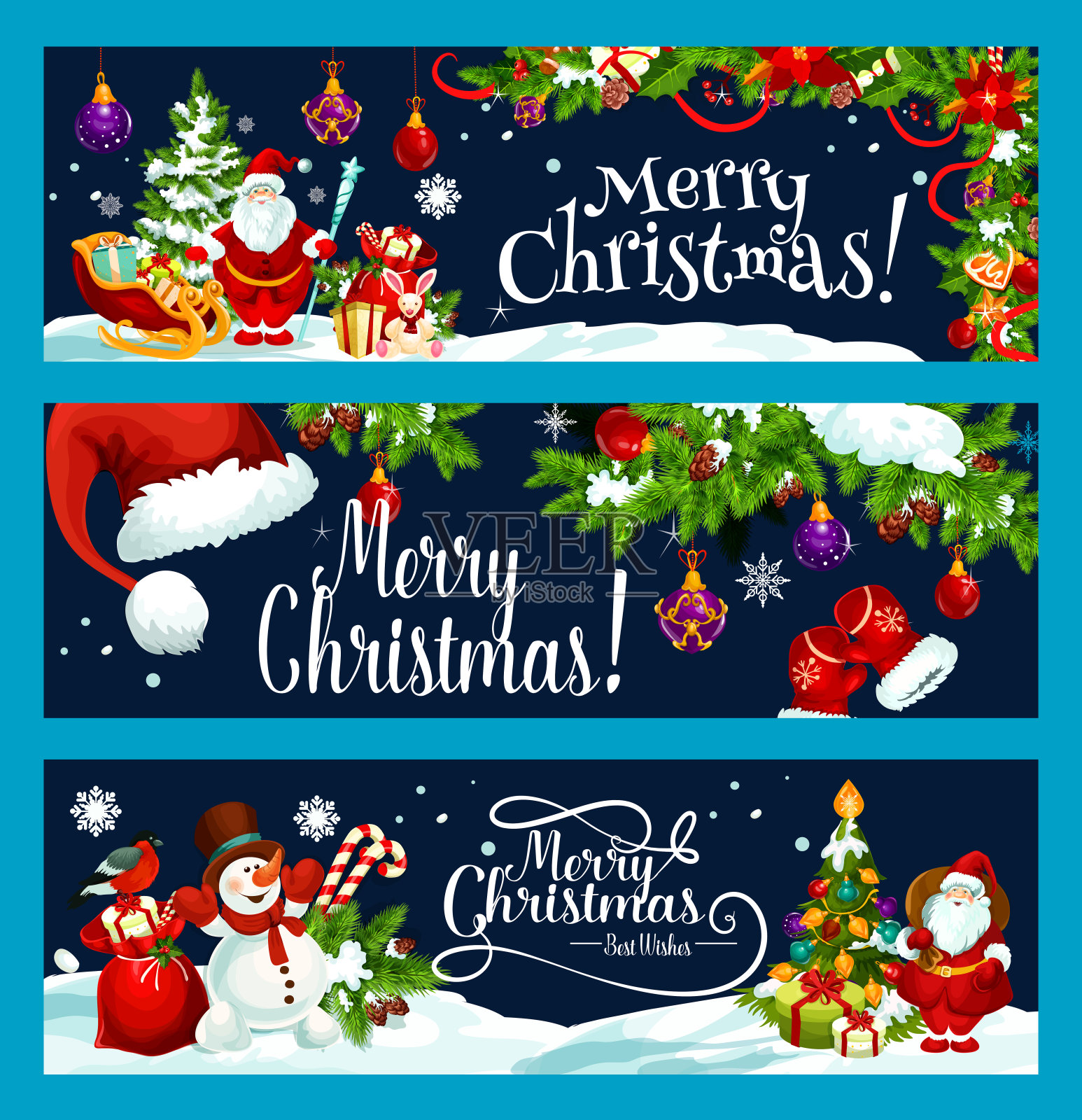 圣诞老人圣诞快乐礼物树向量祝愿横幅插画图片素材