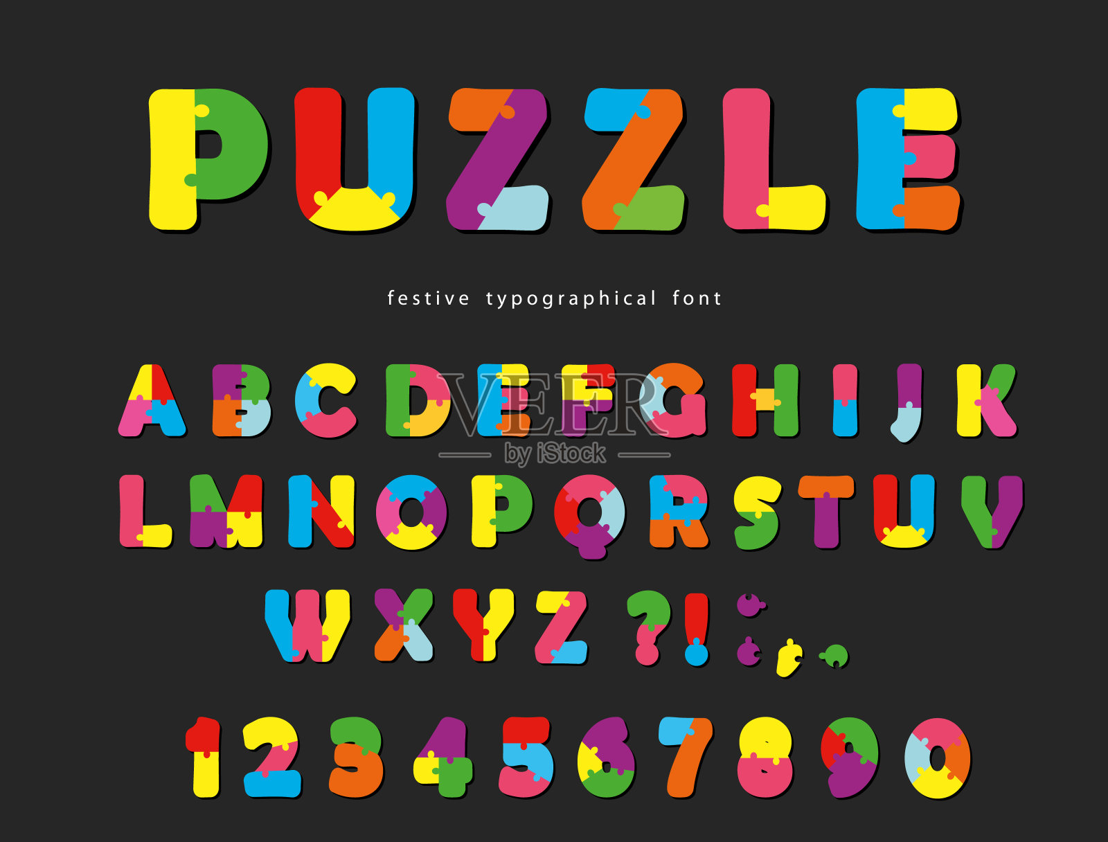 字体的难题。ABC彩色创意字母和数字在黑色背景上。设计元素图片