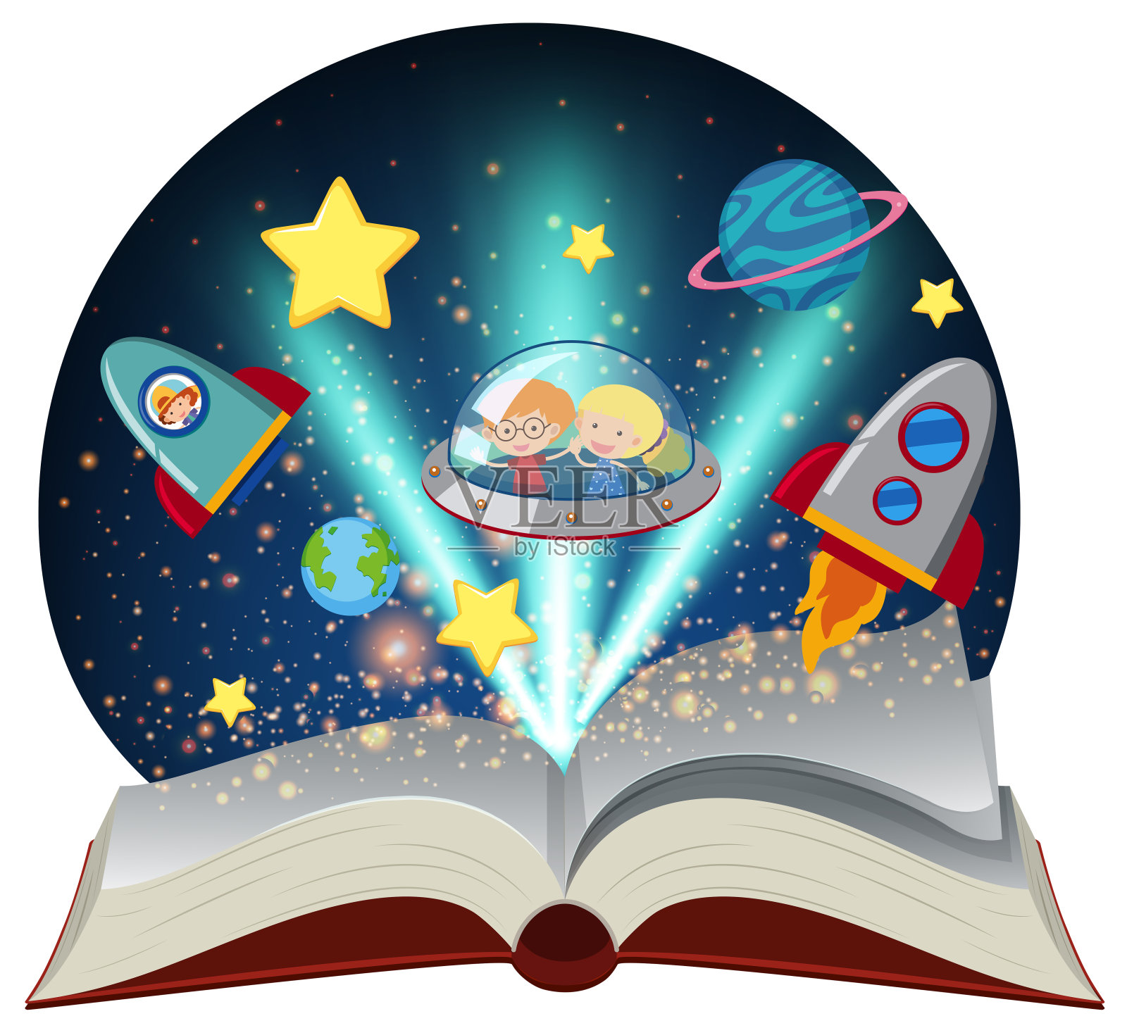 天文学书和孩子们在飞船里插画图片素材