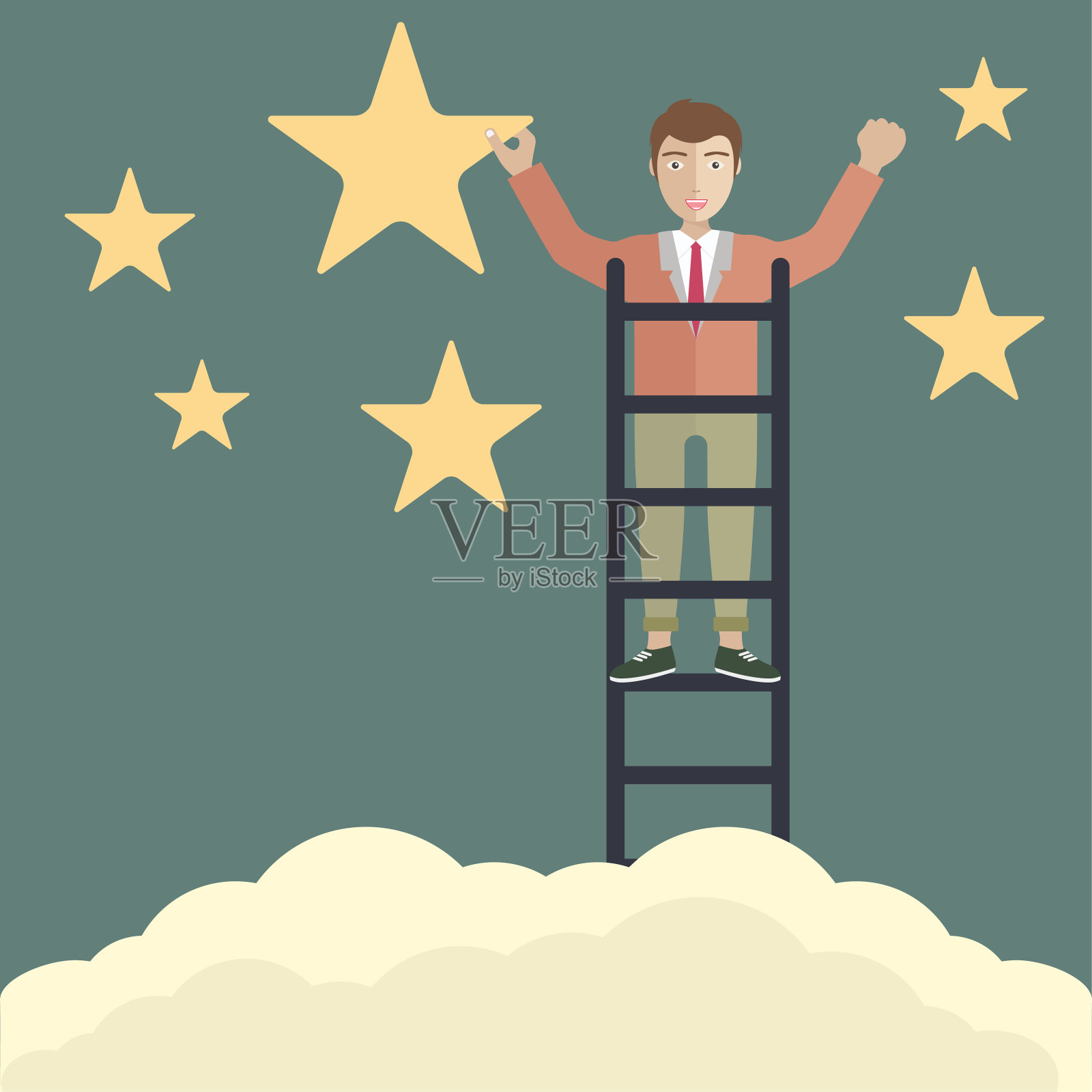 比喻事业成功或达到目标。商人站在梯子上伸手去抓星星。矢量插图。插画图片素材