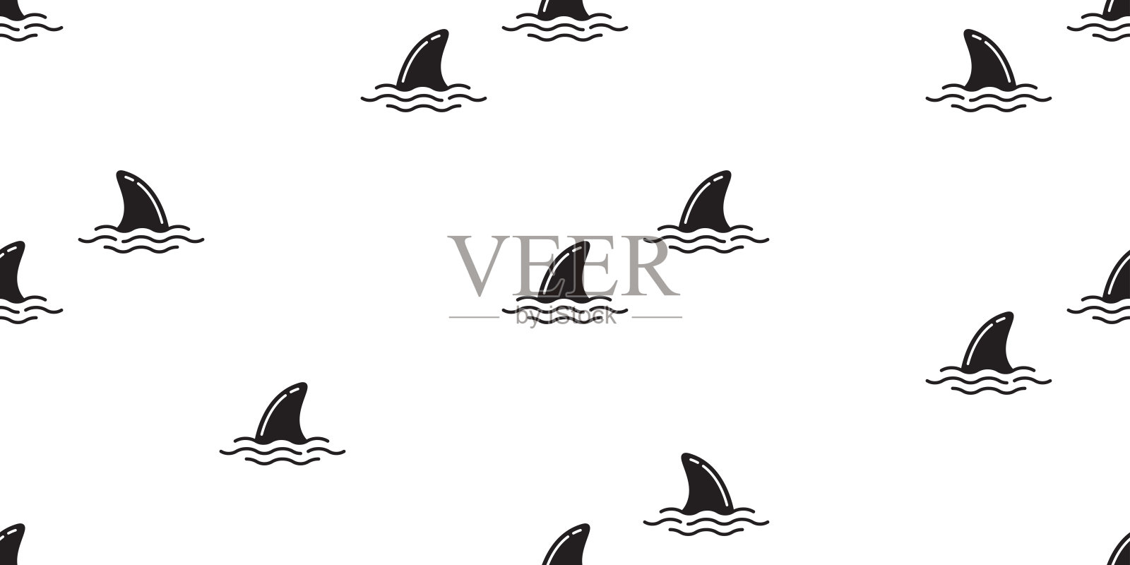 鲨鱼鳍海豚鲸鱼海浪矢量无缝图案壁纸背景插画图片素材