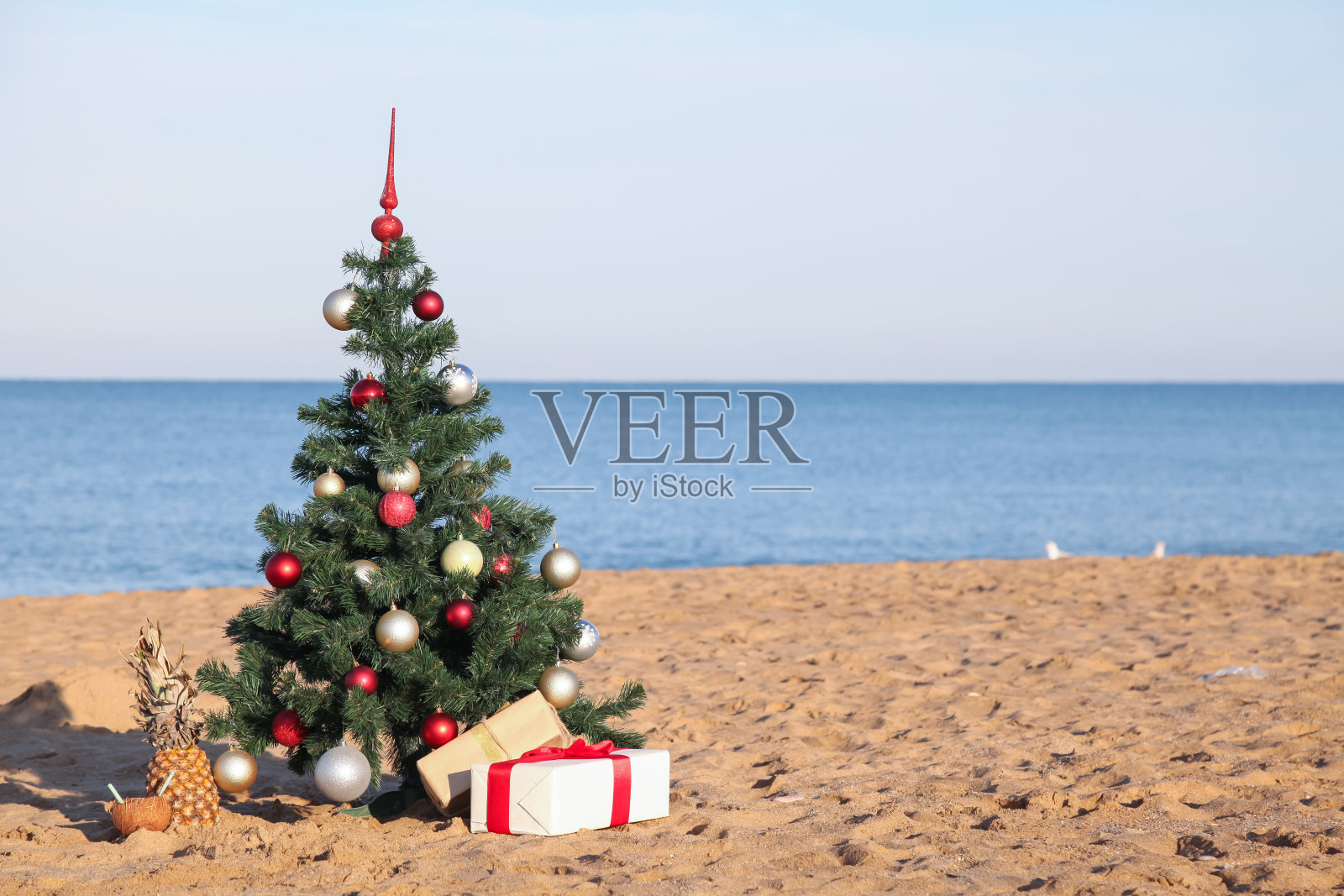 圣诞树与礼物的热带度假海滩照片摄影图片