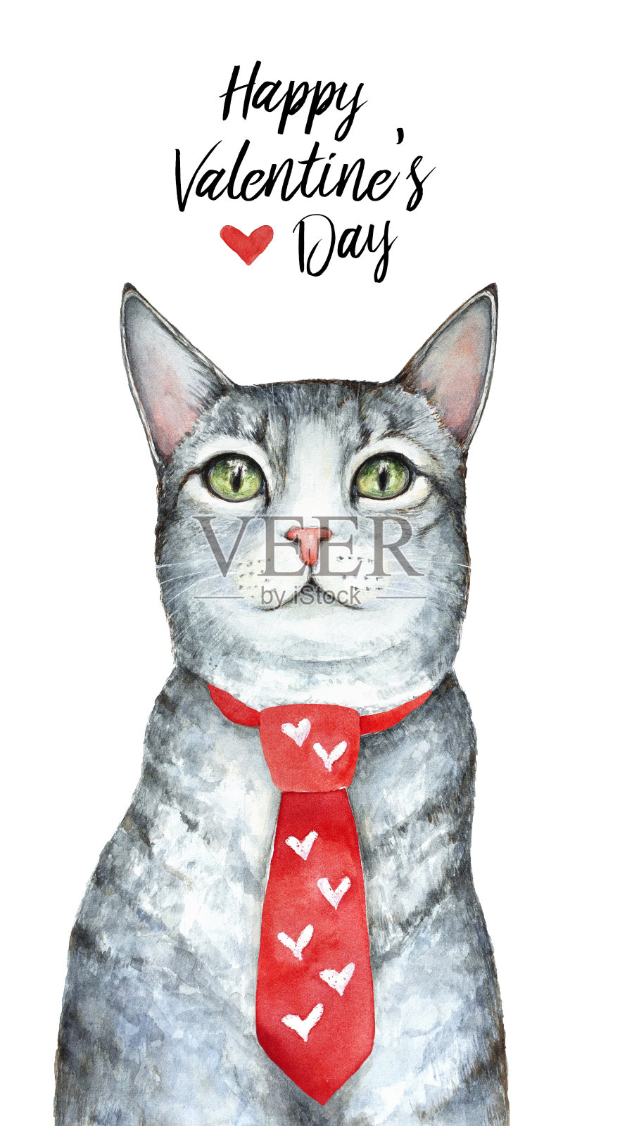情人节贺卡设计模板。可爱的小猫戴着节日红色的男人领带装饰着白色的心，短信“情人节快乐”，爱的象征。插画图片素材