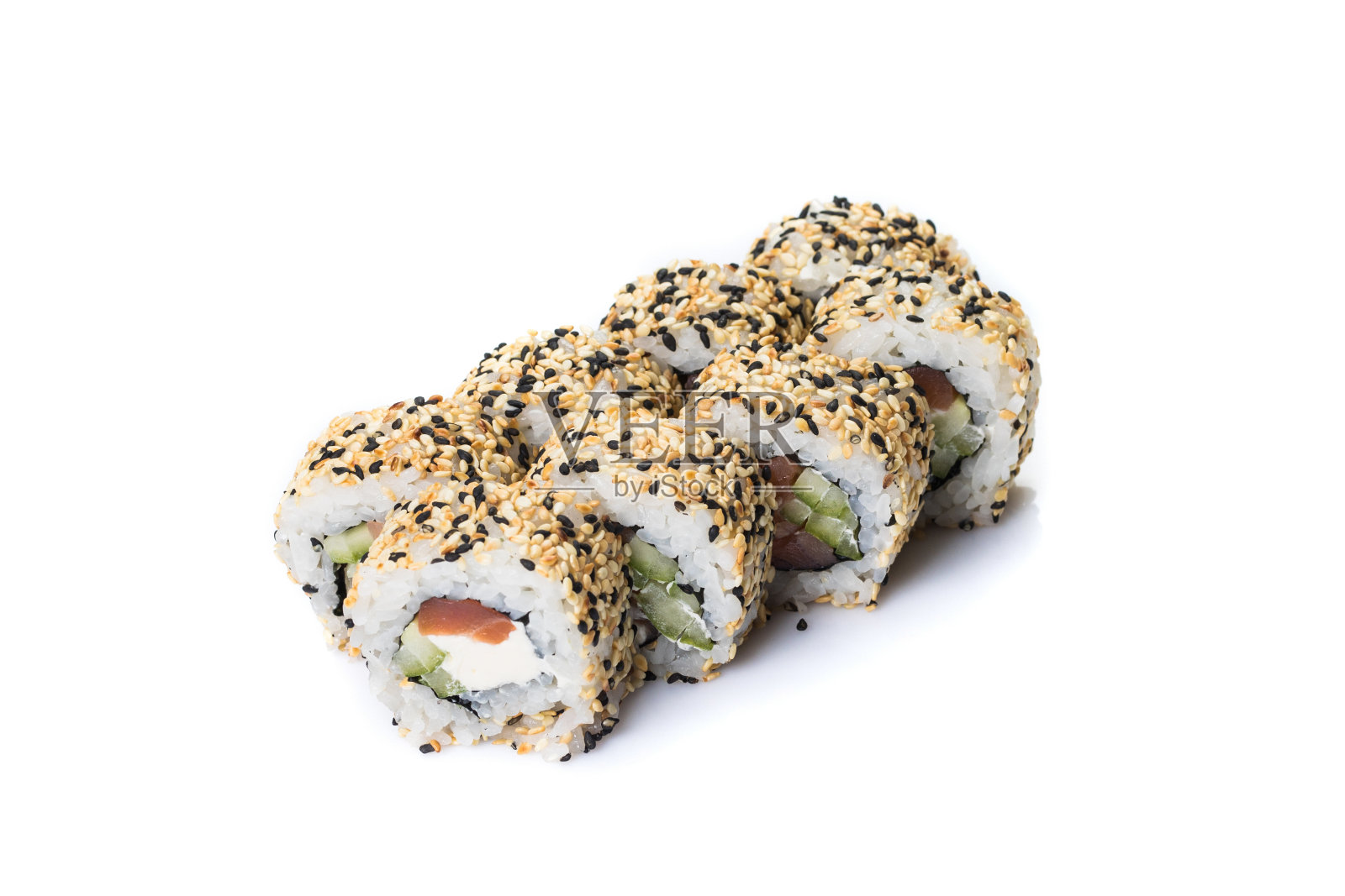 寿司卷设置在孤立的白色背景。寿司的食物。照片摄影图片