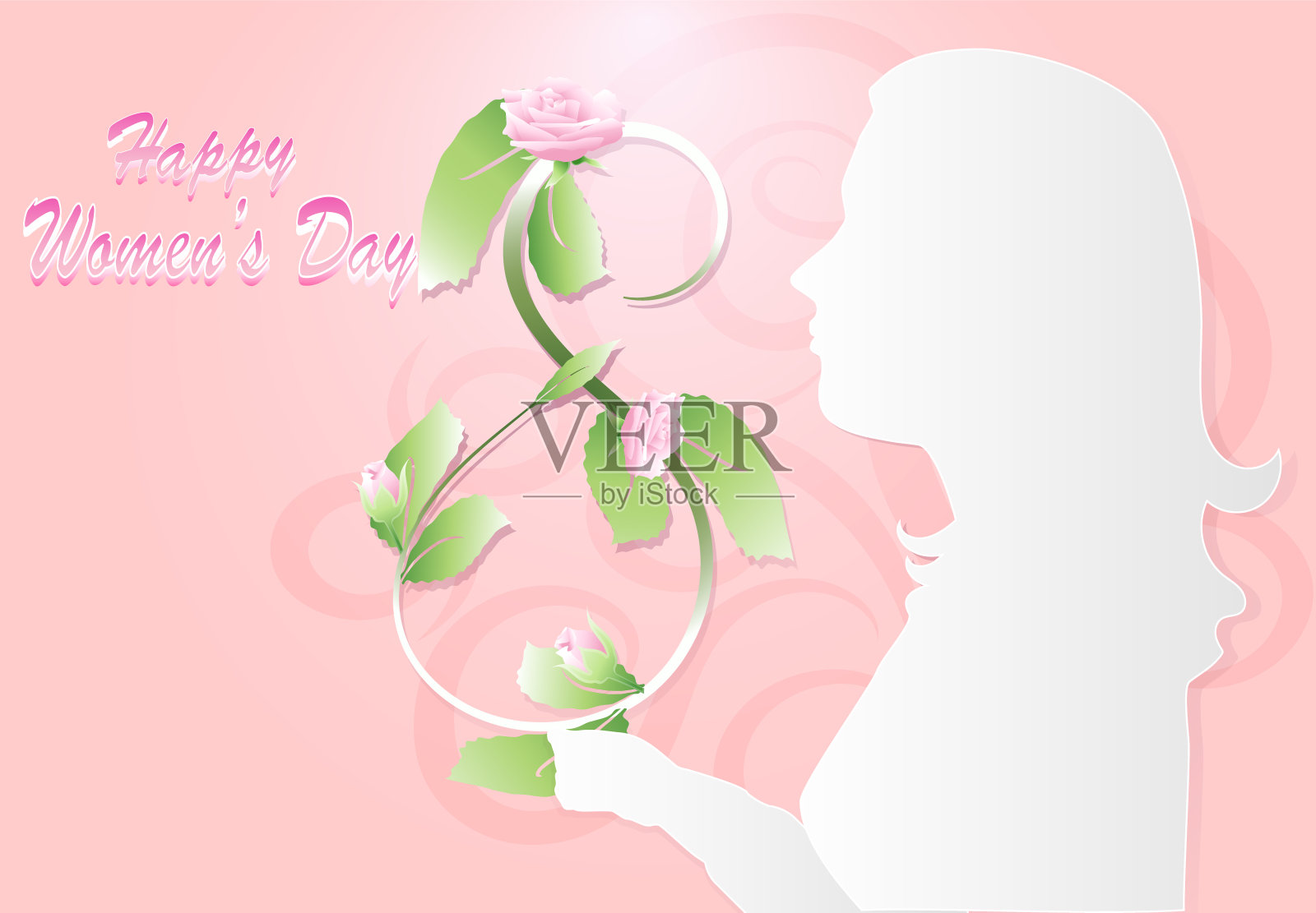 妇女节快乐。女性和玫瑰纸艺术的风格背景插画图片素材