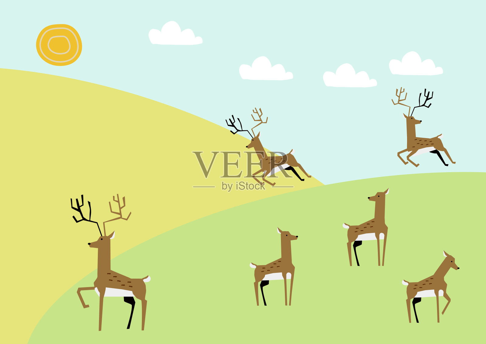 春天的形象。鹿的形象和春天的草原。春山插图。四季的插图。插画图片素材