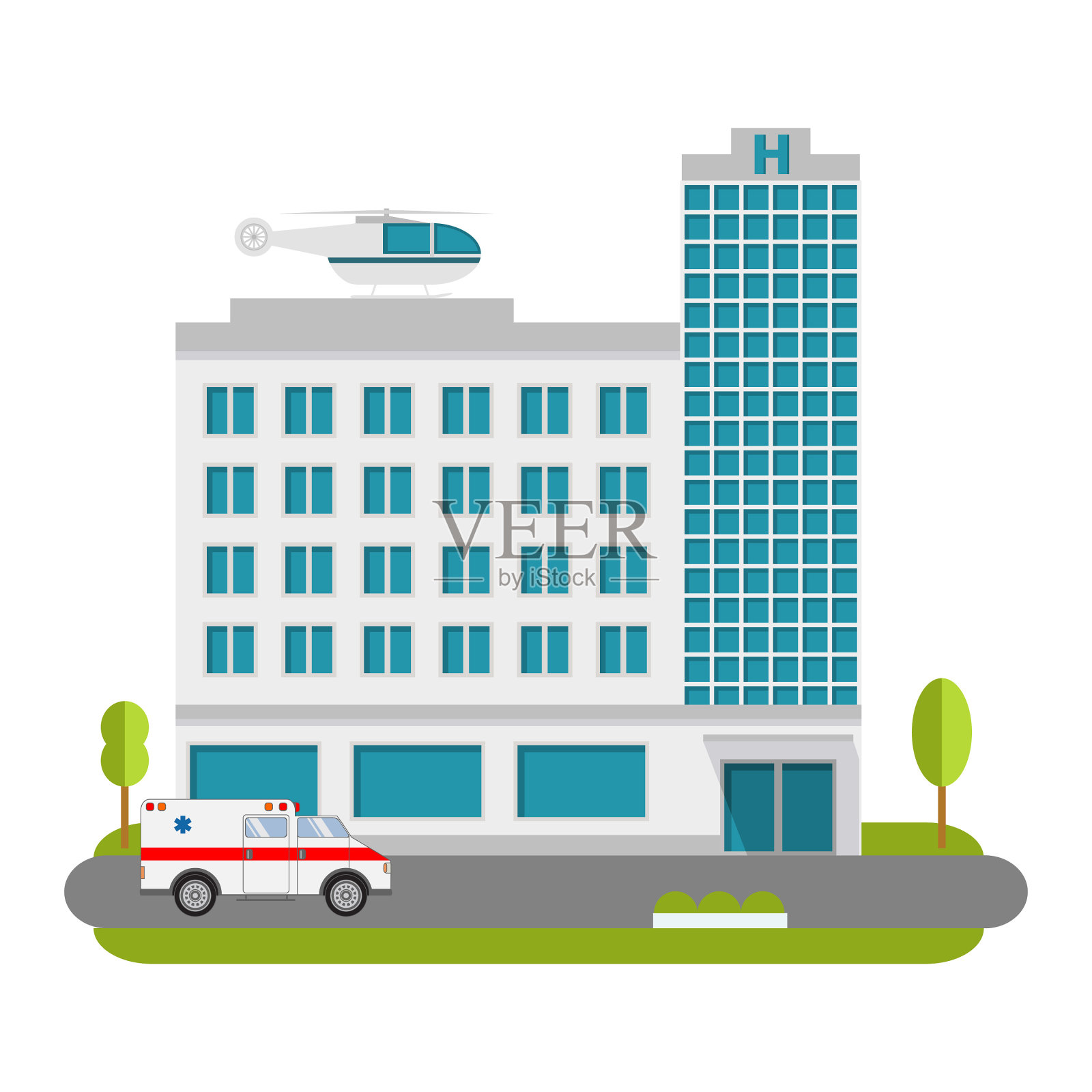 市立医院和诊所大楼设有救护车式和轿车和直升机式的医疗护理。信息图形和设计的概念。门诊。插画图片素材