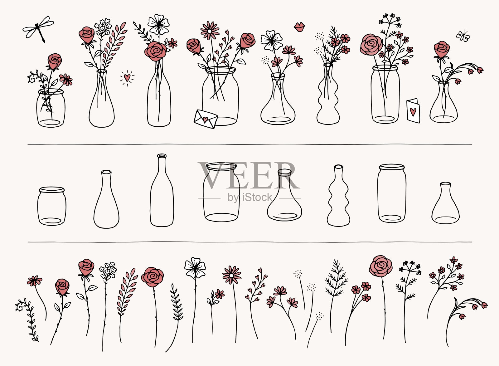 手绘花和花瓶插画图片素材