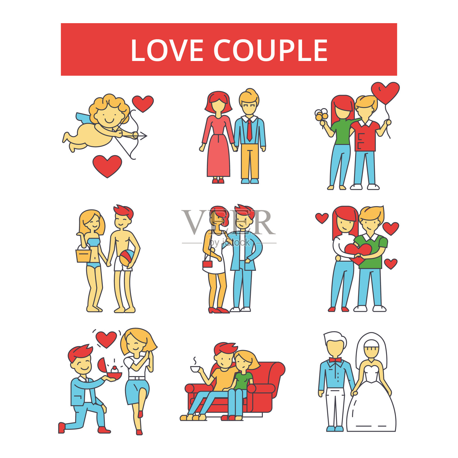 爱情夫妇插图，细线图标，线性平面符号，矢量符号，轮廓象形图设置，可编辑的笔画插画图片素材