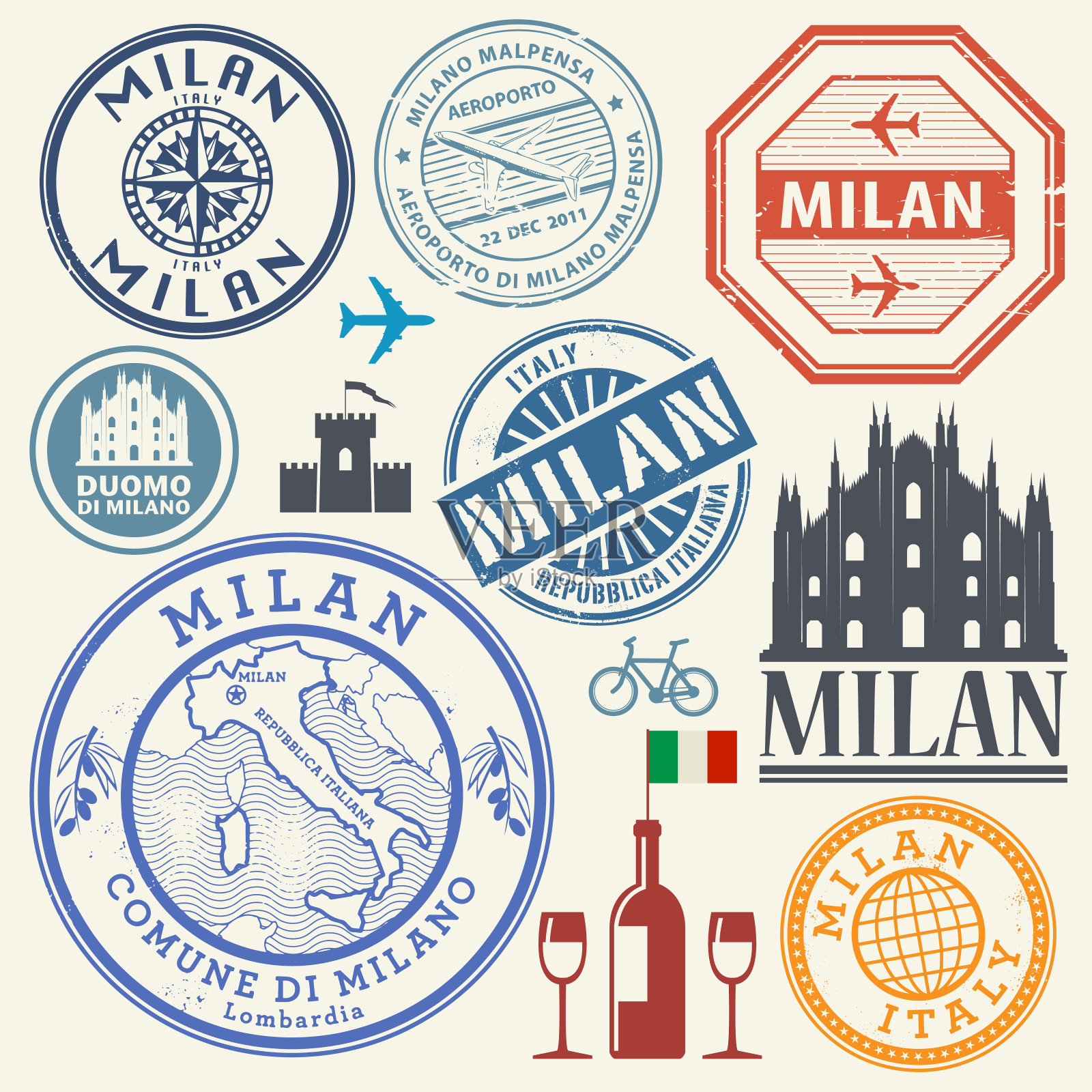 邮票或标志设置意大利，米兰插画图片素材
