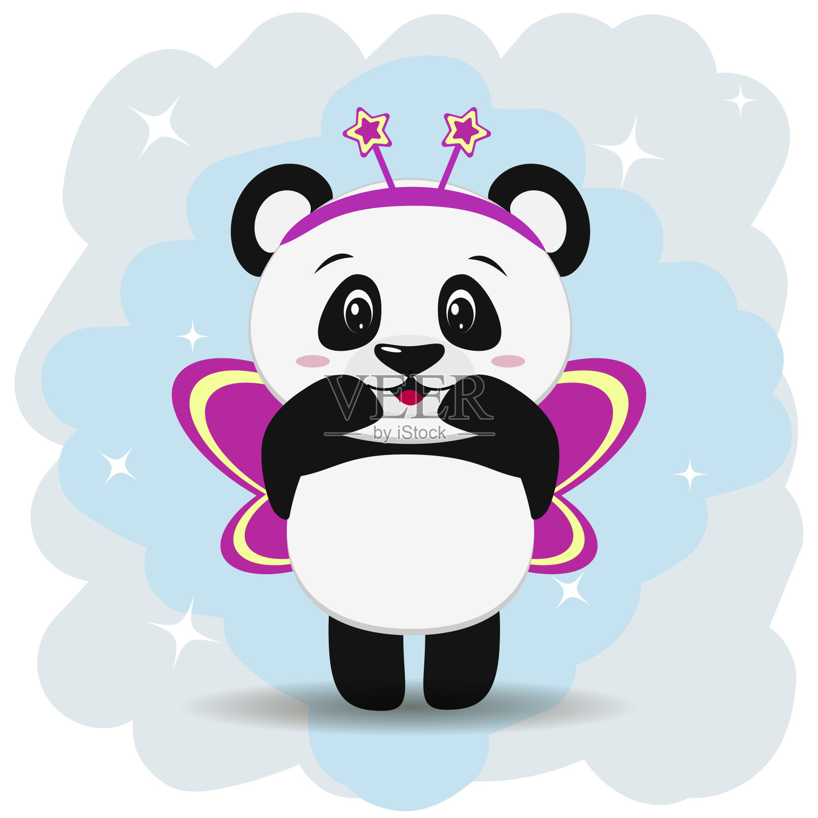 可爱的熊猫穿着粉红色的蝴蝶服装，卡通风格的举手站立。插画图片素材