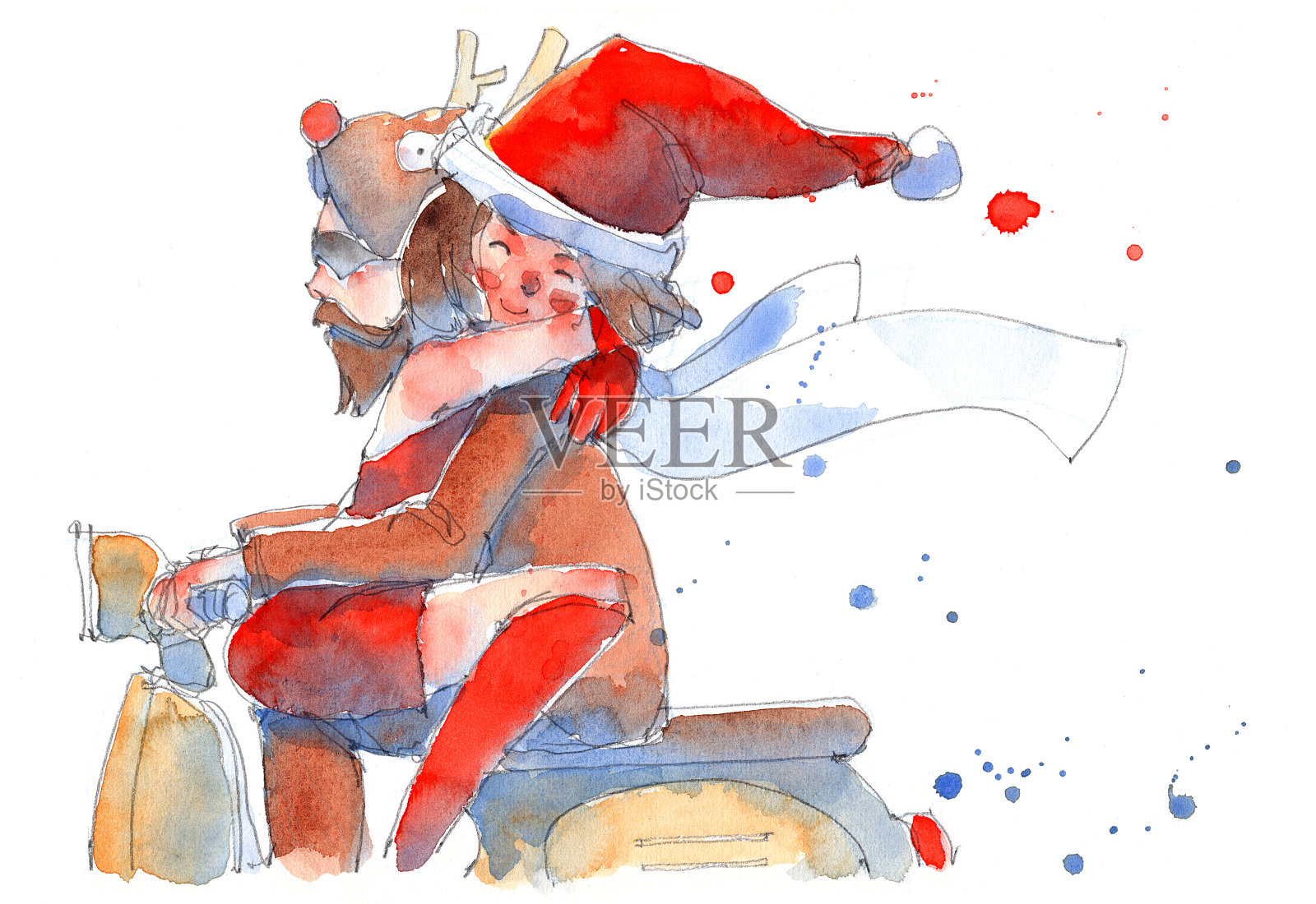 水彩画插图一套年轻夫妇在圣诞节化装服装与老式摩托车，传统艺术品扫描插画图片素材