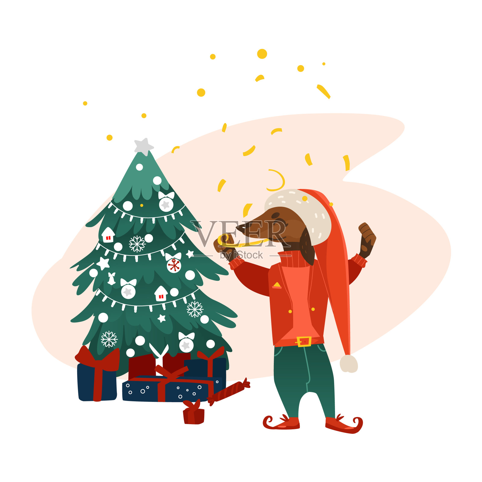向量狗性格靠近圣诞树插画图片素材