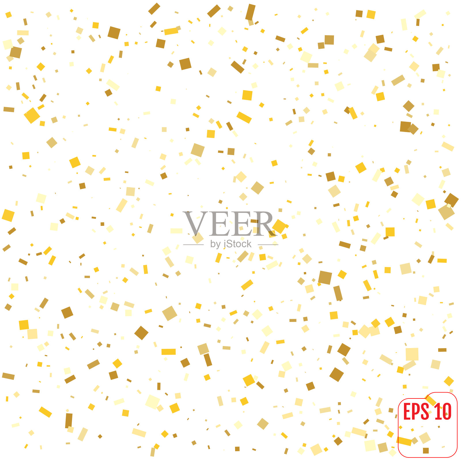 金色的五彩纸屑庆典孤立在白色的背景上。金色落地抽象装饰，适用于聚会、生日庆典、周年纪念或圣诞节、新年。节日装饰矢量插图插画图片素材